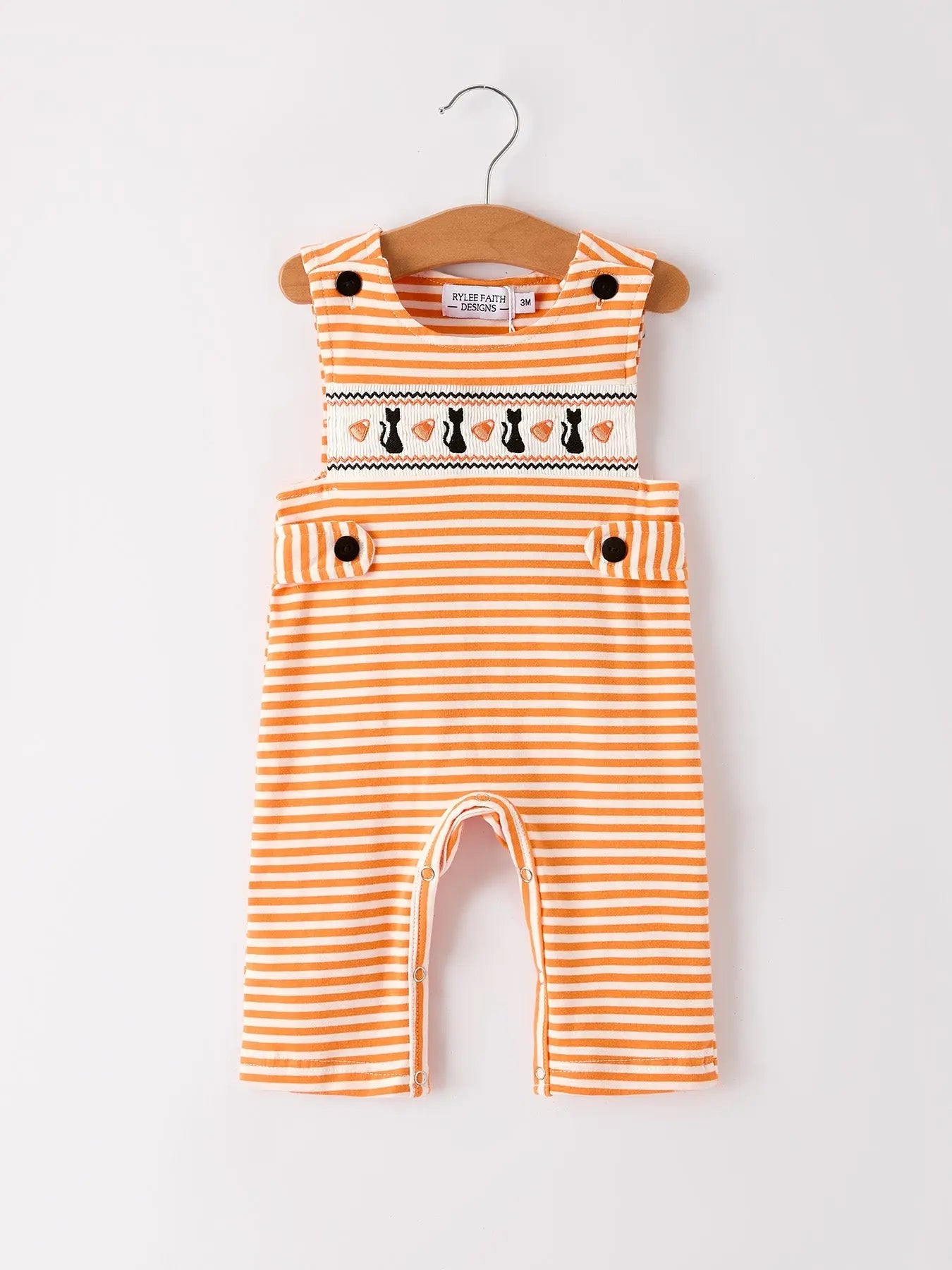 Halloween Striped Baby Boys Romper with Cat Smocking Embroidery Perfect for Fall Rylee Faith Designs