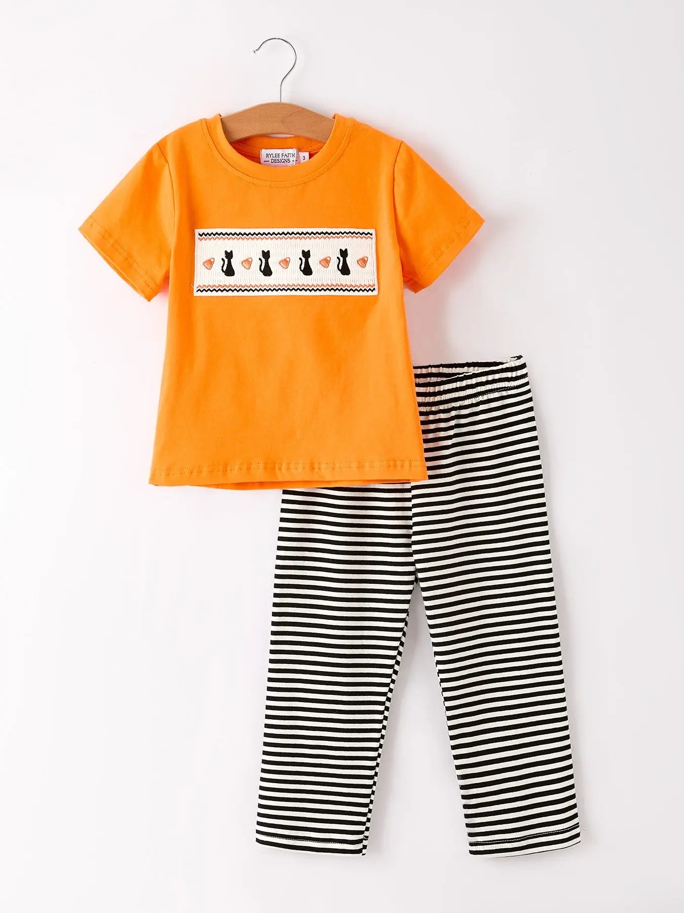 Halloween Striped Boy Set with Cat Smocking Embroidery Perfect for Fall Rylee Faith Designs