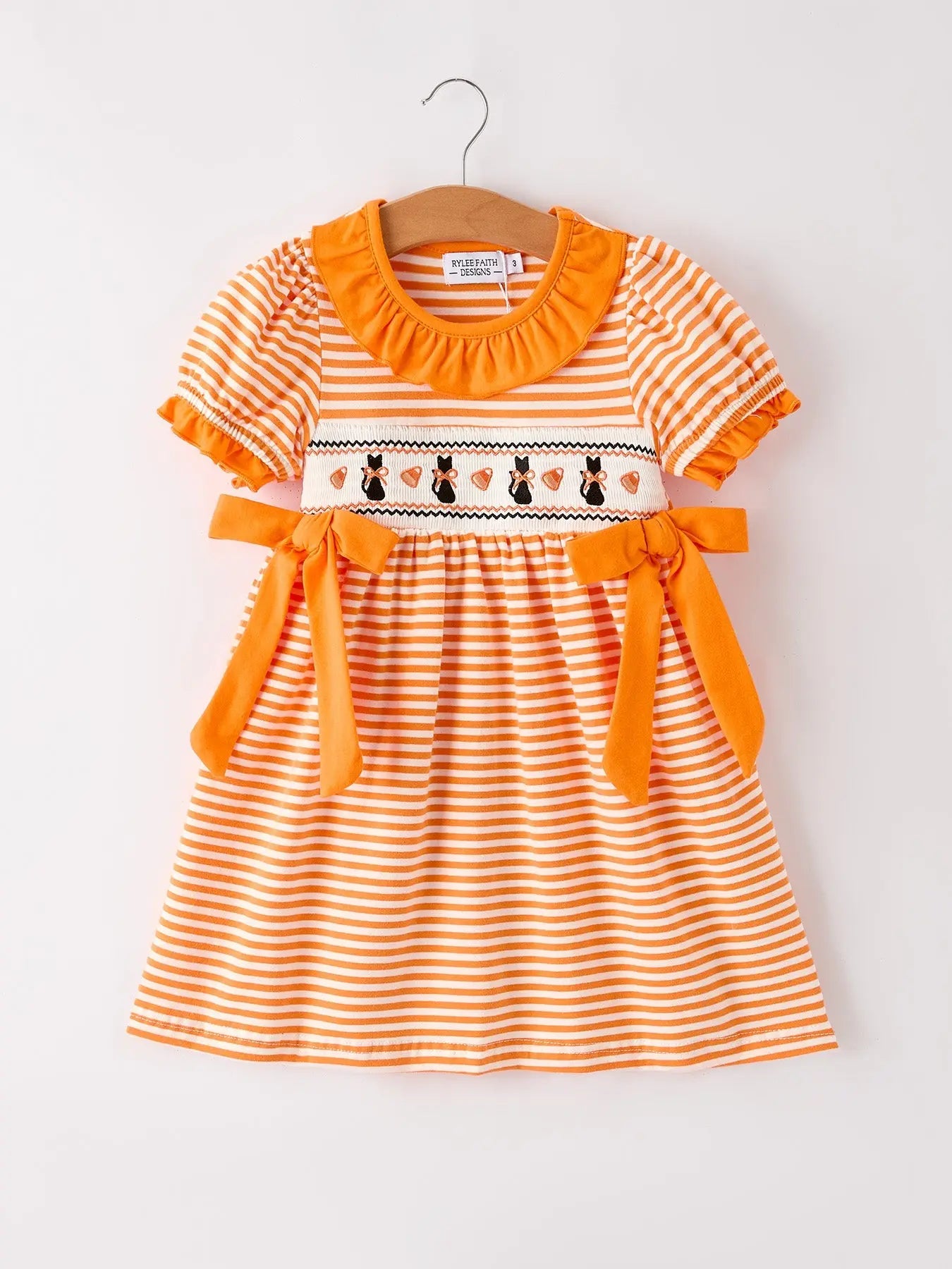 Halloween Striped Dress with Cat Smocking Embroidery Perfect for Fall Rylee Faith Designs