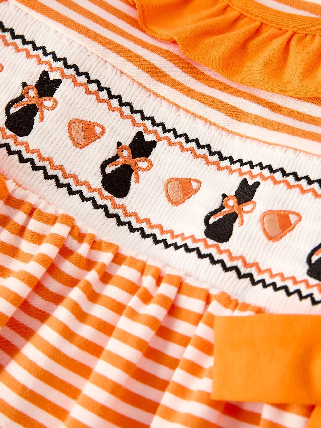 Halloween Striped Dress with Cat Smocking Embroidery Perfect for Fall Rylee Faith Designs