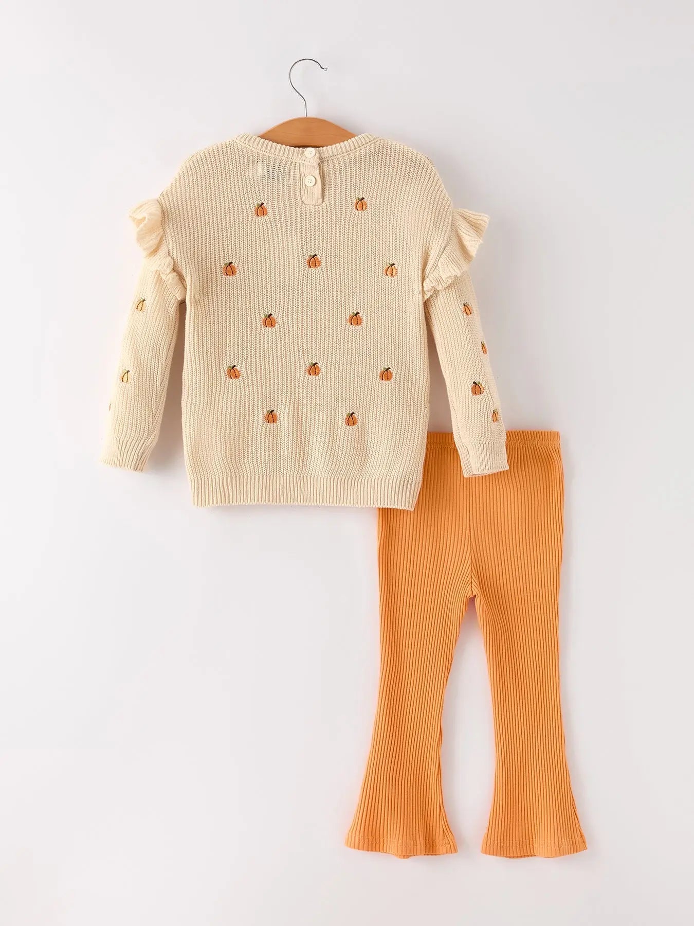 Fall Halloween and Thanksgiving Girls Pumpkin Embroidered Sweater and Bell Bottom Pants Set Rylee Faith Designs