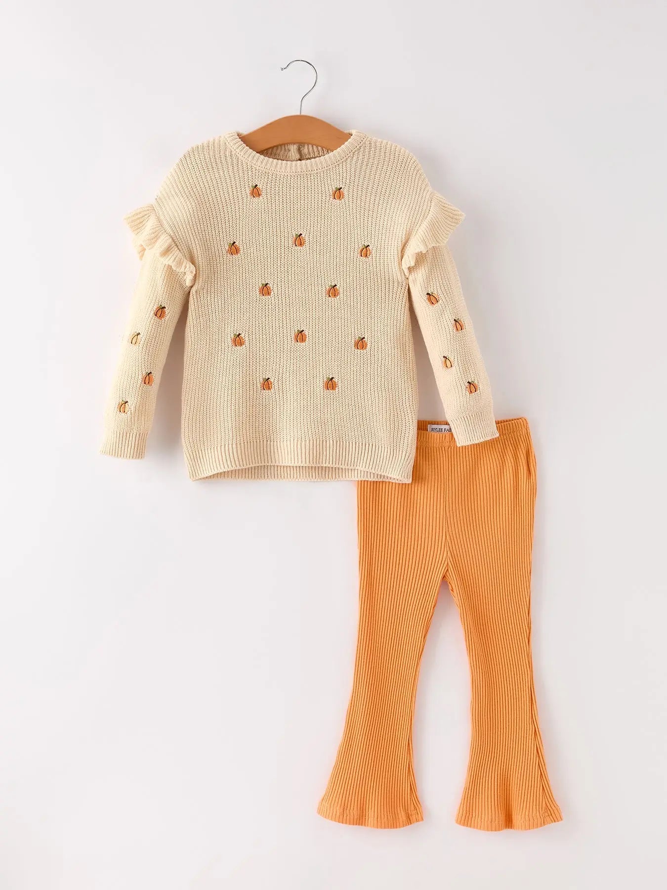 Fall Halloween and Thanksgiving Girls Pumpkin Embroidered Sweater and Bell Bottom Pants Set Rylee Faith Designs