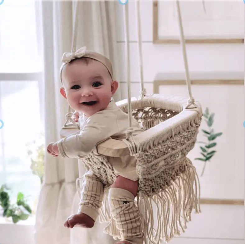 Handmade Organic Macrame Baby Swing - Safe Stylish Sustainable Indoor Outdoor Use Finn + Emma