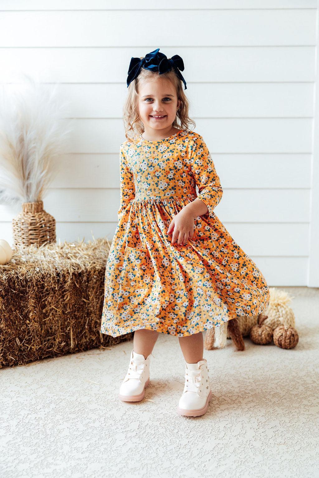 Mila & Rose ® Girls Fall Floral Three Quarters Sleeve Twirl Dress Pocket - Apparel & Accessories > Clothing > Dresses Twirl Pocket Dress 3/4