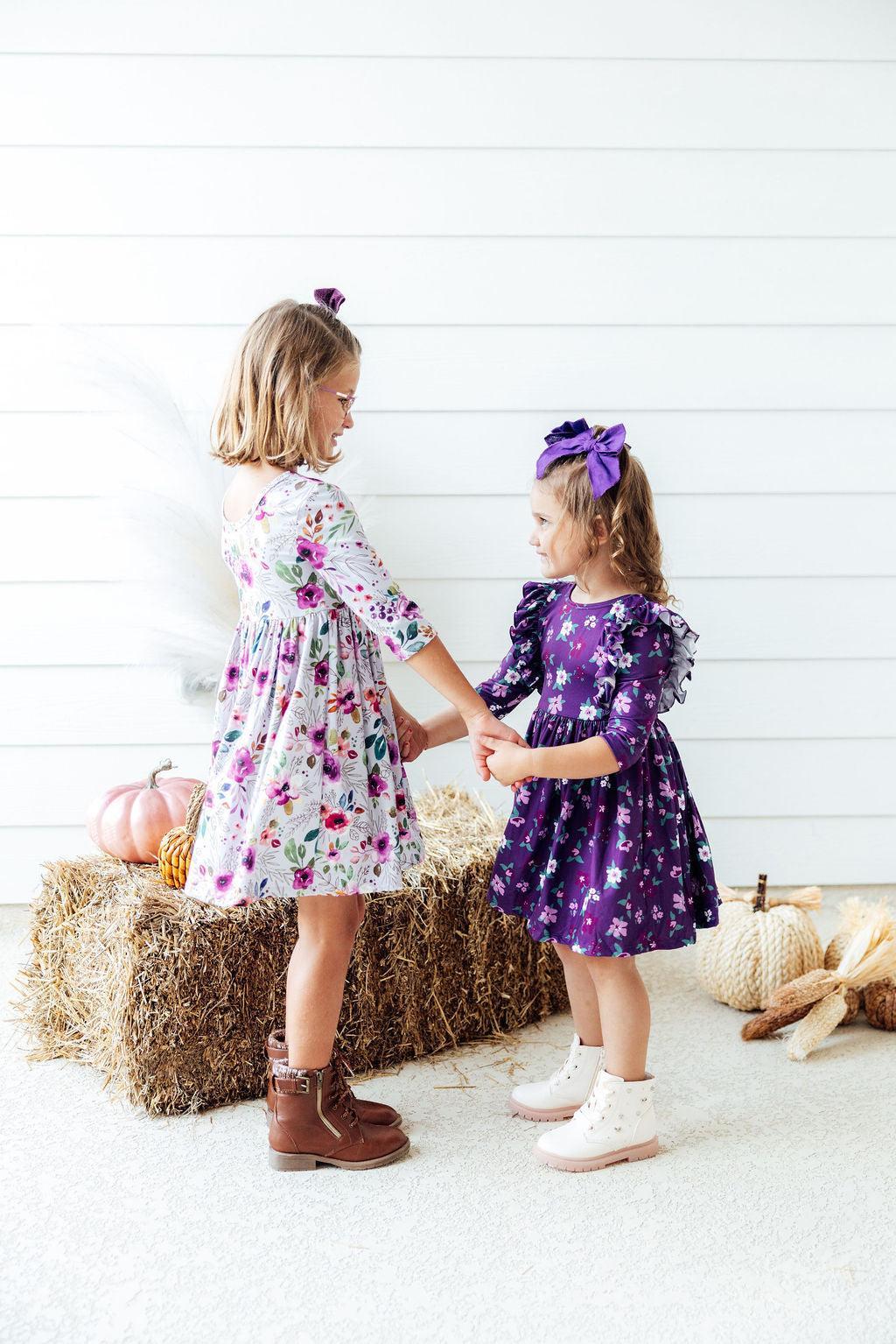 Mila & Rose ® Mila Violets In Bloom Three Quarter Sleeve Ruffle Dress - Apparel & Accessories > Clothing > Dresses Twirl Ruffle Dress 3/4