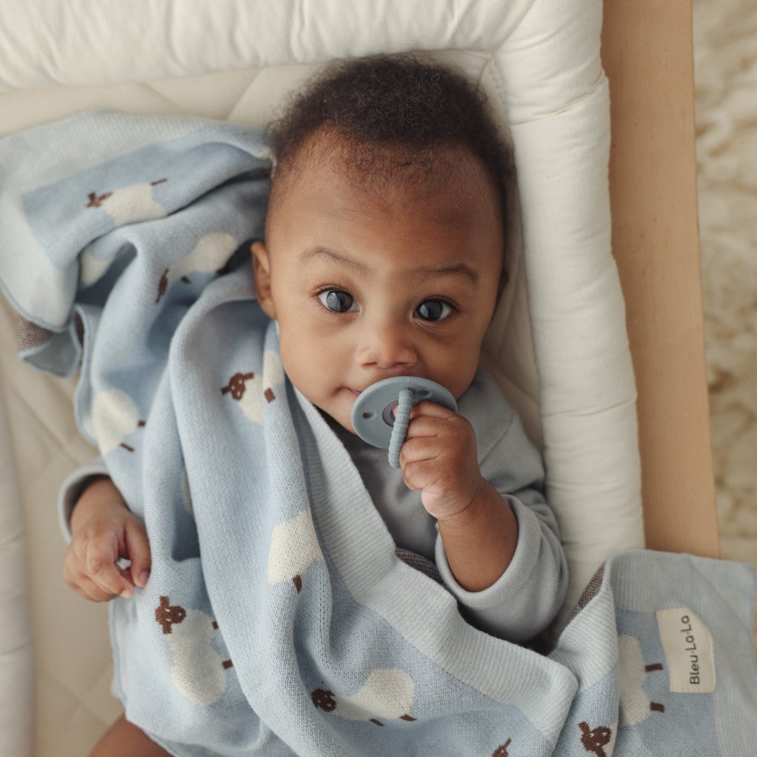 Sheep Knit Receiving Baby Blanket Made From 100 Percent OEKO Tex Certified Cotton Bleu La La