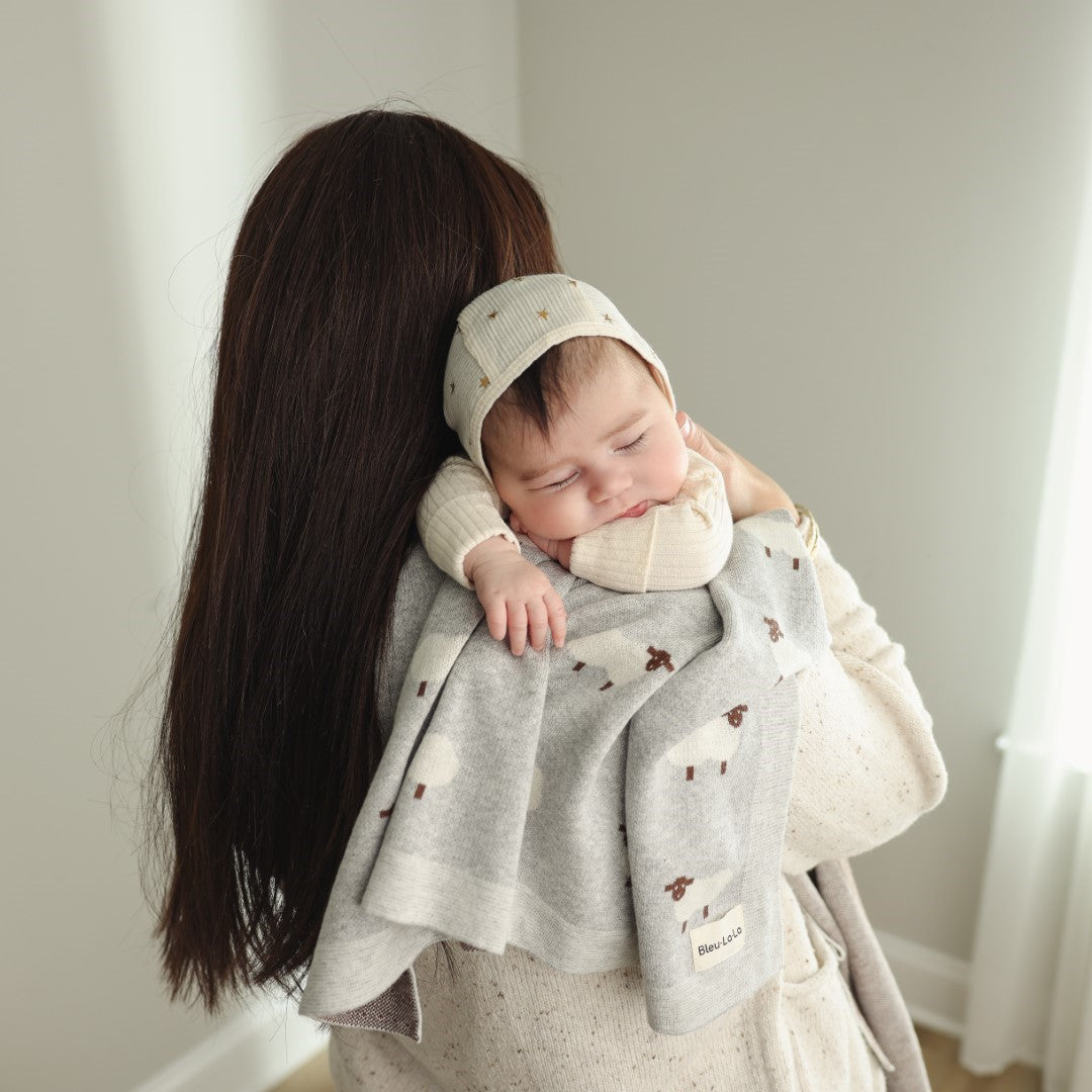 Sheep Knit Receiving Baby Blanket Made From 100 Percent OEKO Tex Certified Cotton Bleu La La
