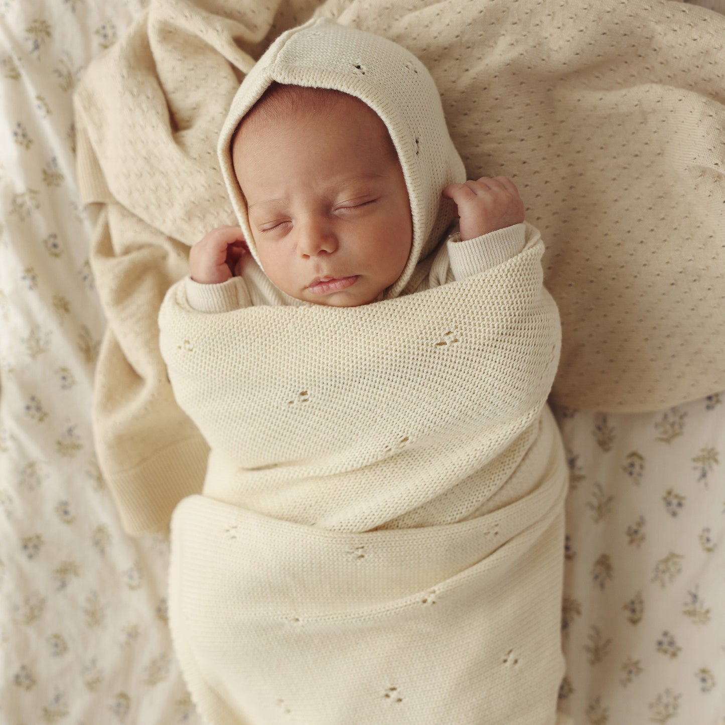 Organic Pointelle Swaddle Blanket and Hat Gift Set Bleu La La