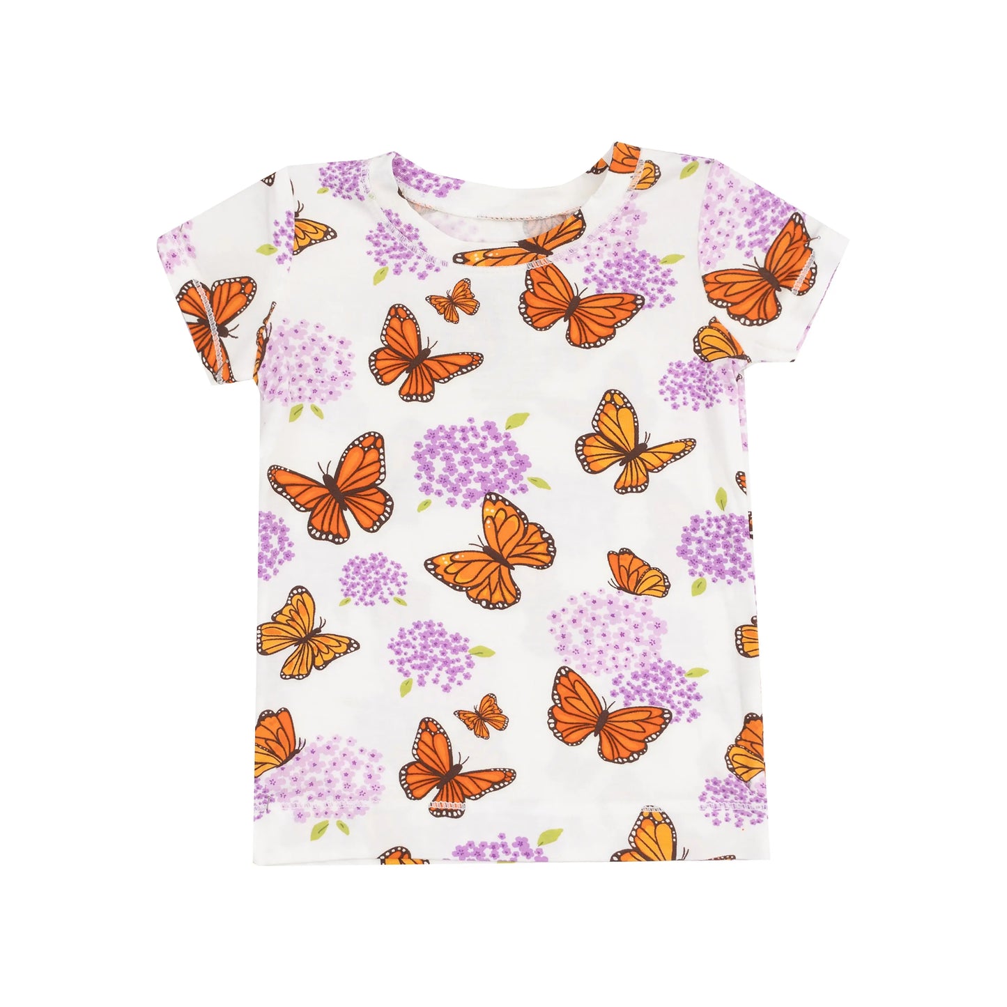 Short Sleeve Loungewear Set with Monarch Butterflies and Milkweed Print for Kids.