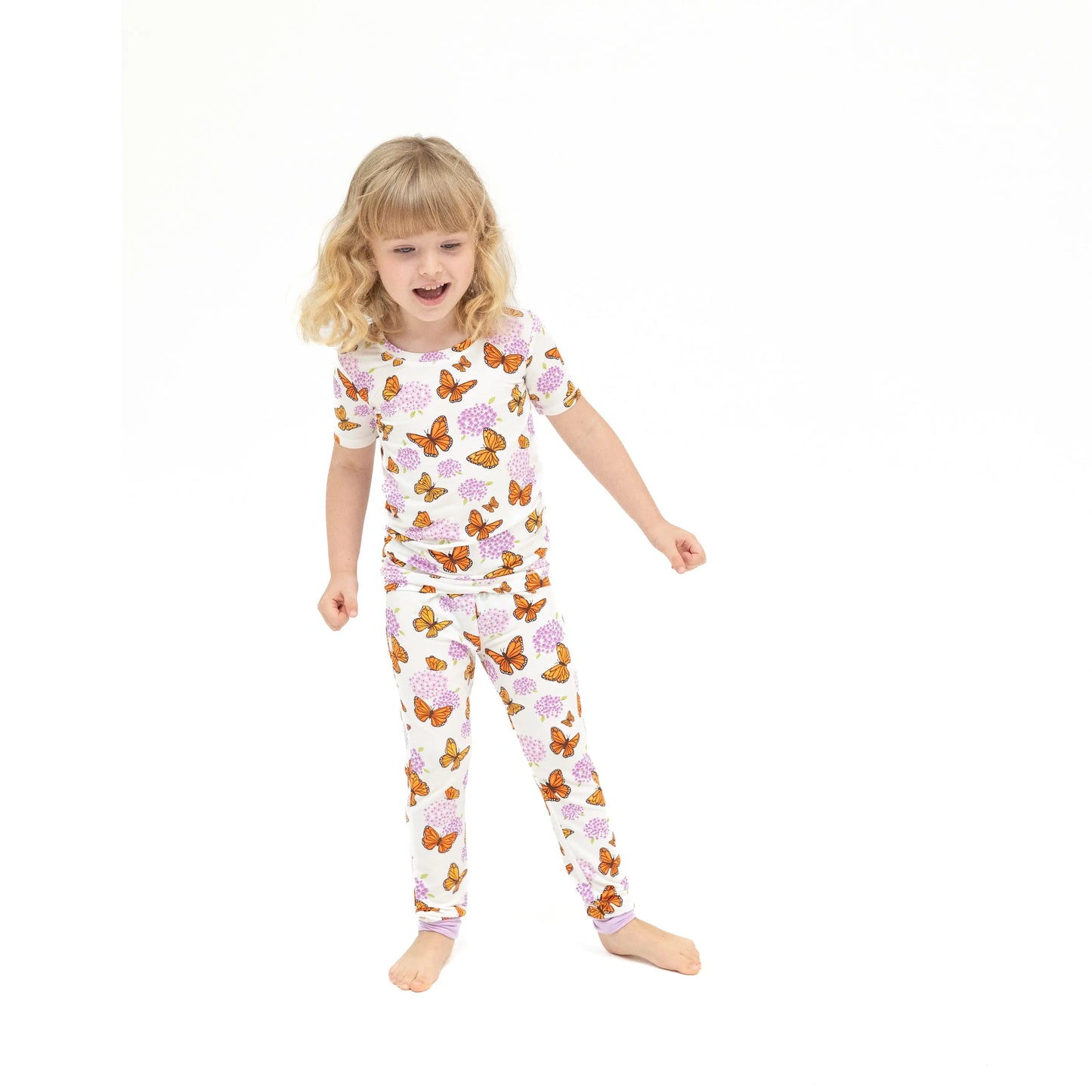 Short Sleeve Loungewear Set with Monarch Butterflies and Milkweed Print for Kids.