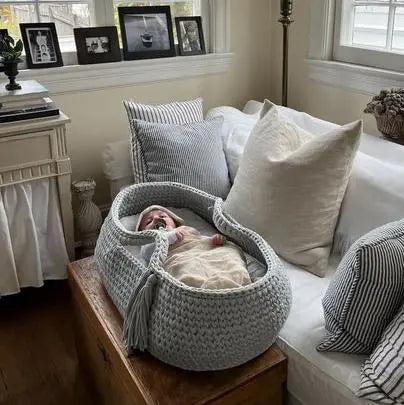 Carry Cot Dove Organic Cotton Crocheted Knit Weave Baby Bassinet Finn + Emma