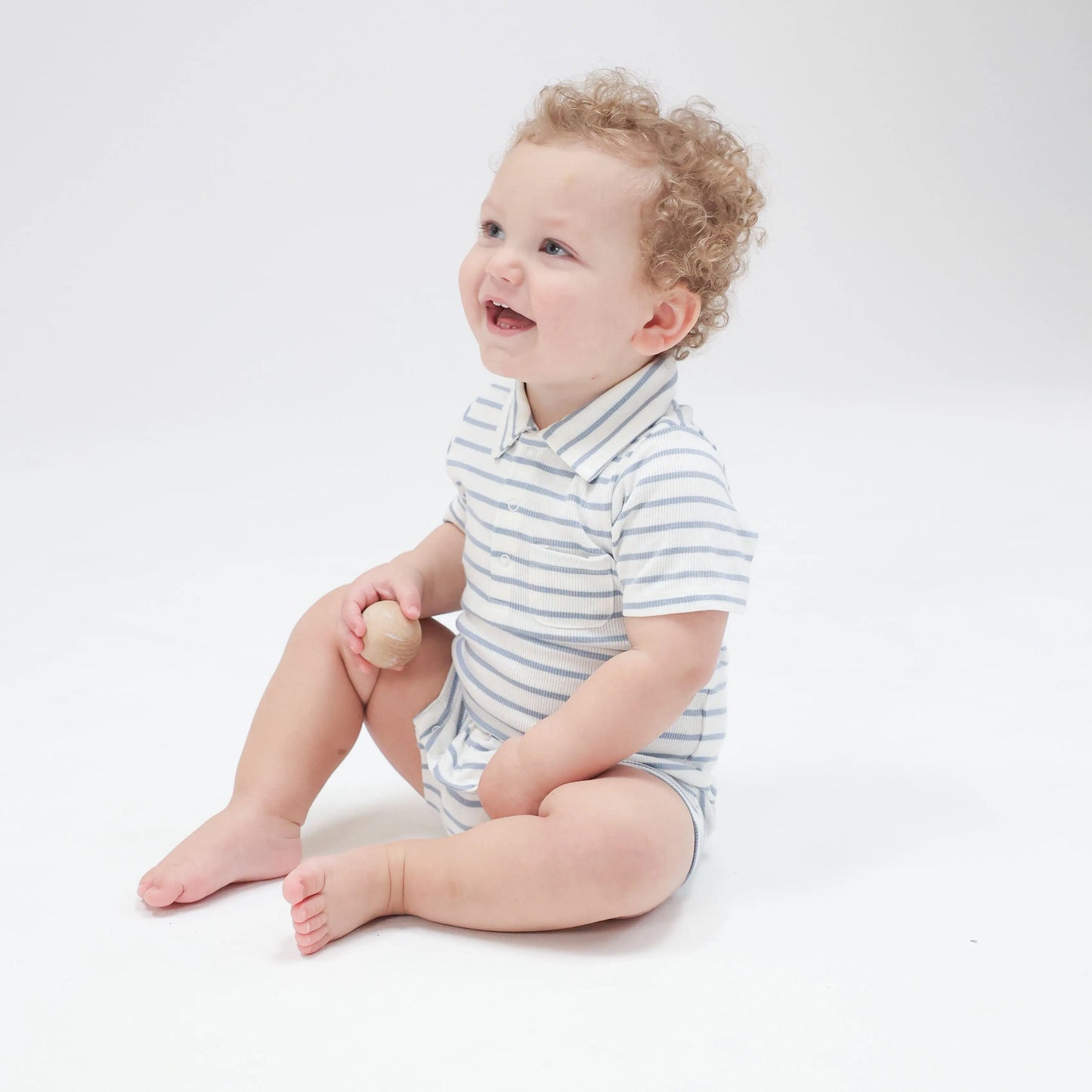 Polo Shortie French Stripe Dusty Blue.