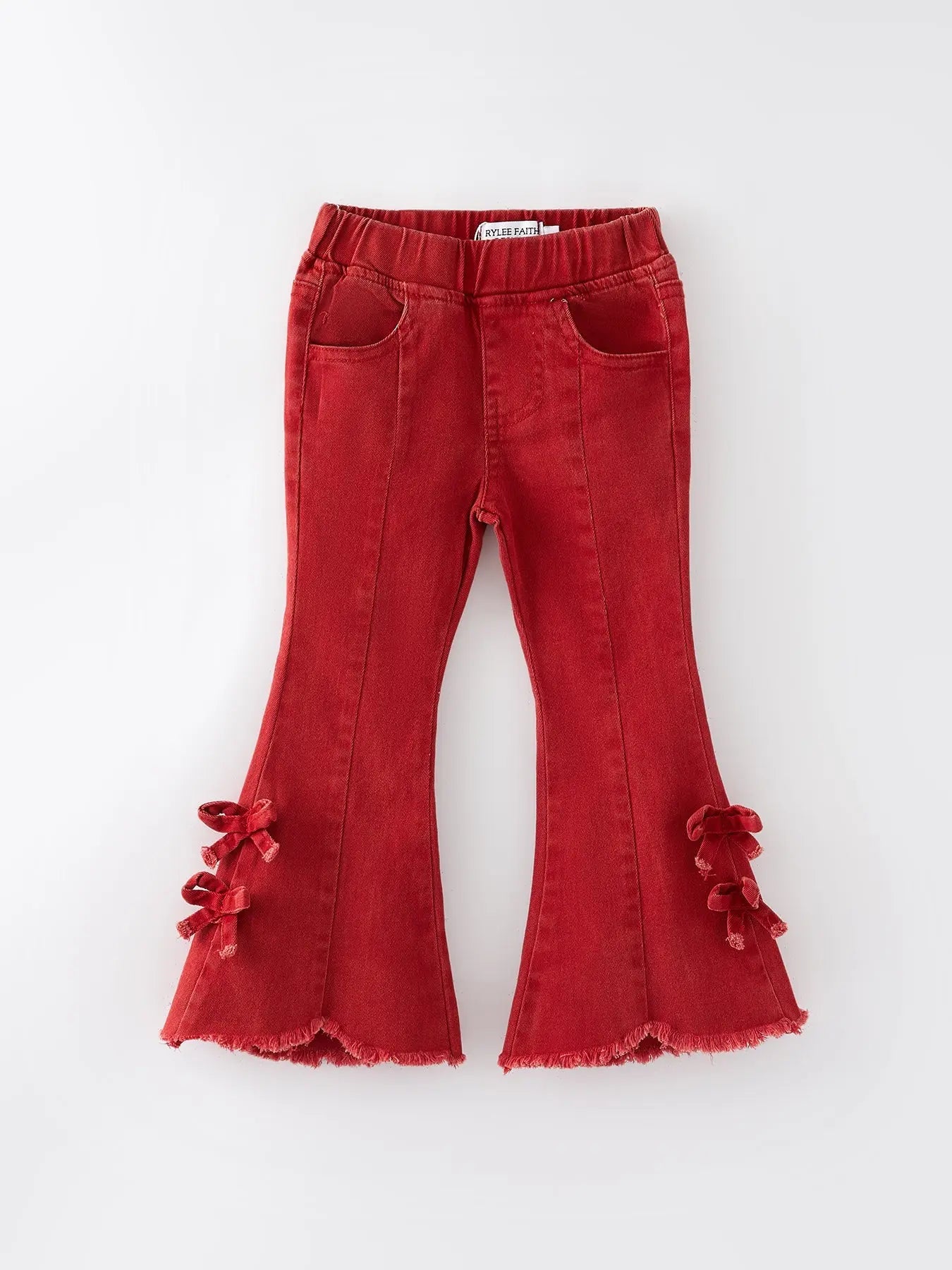 Girls Red Bow Flared Elastic Denim Pants Rylee Faith Designs