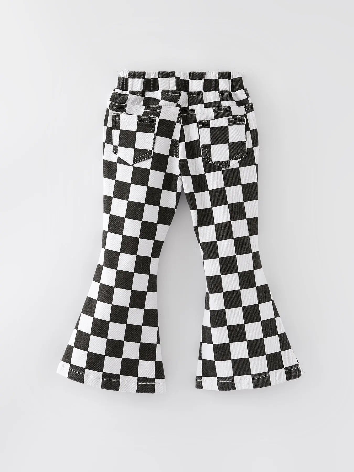 Girls Black and White Check Print Elastic Flared Jeans Rylee Faith Designs