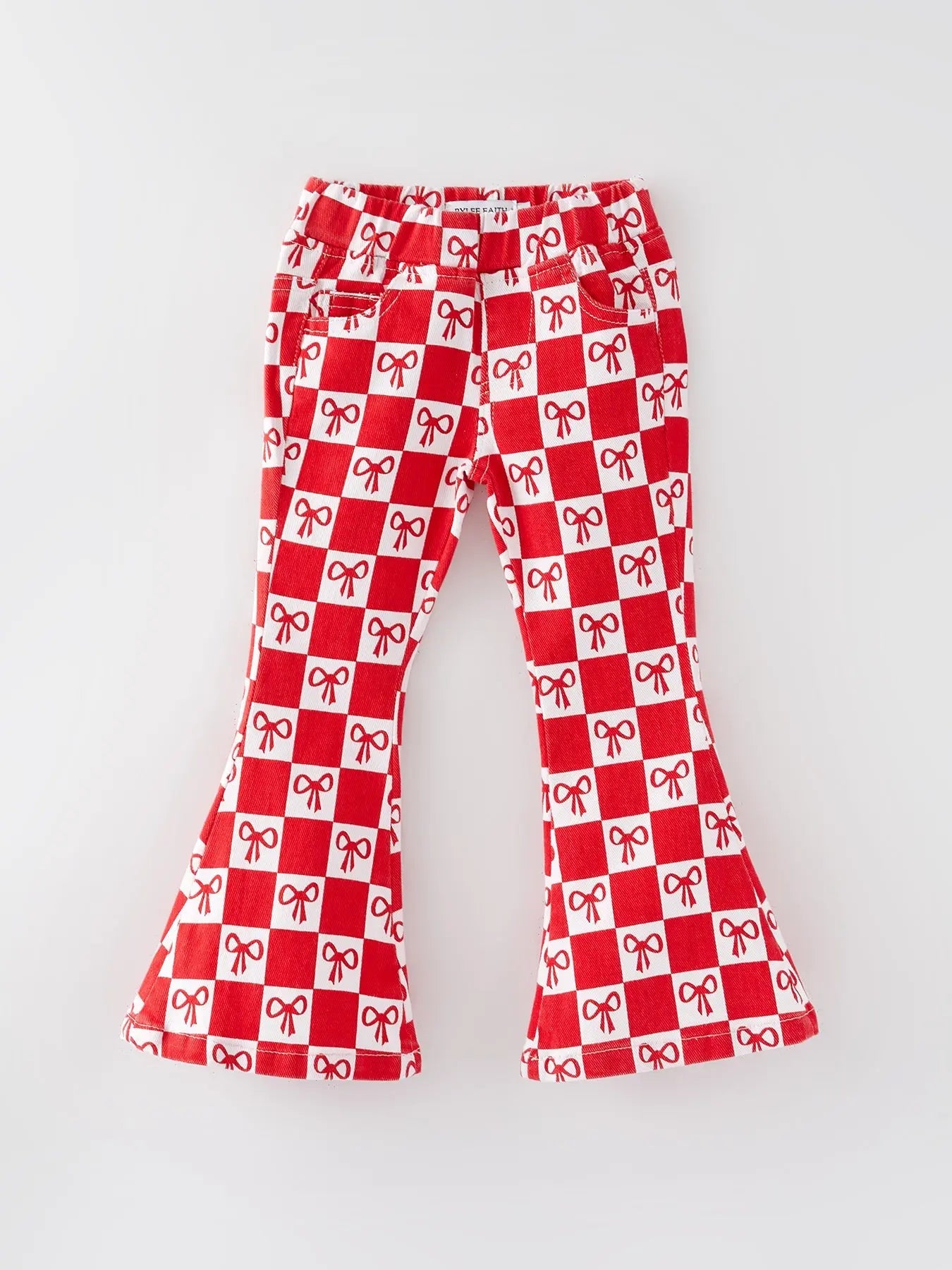Girls Red Bow Print Plaid Flared Jeans Rylee Faith Designs