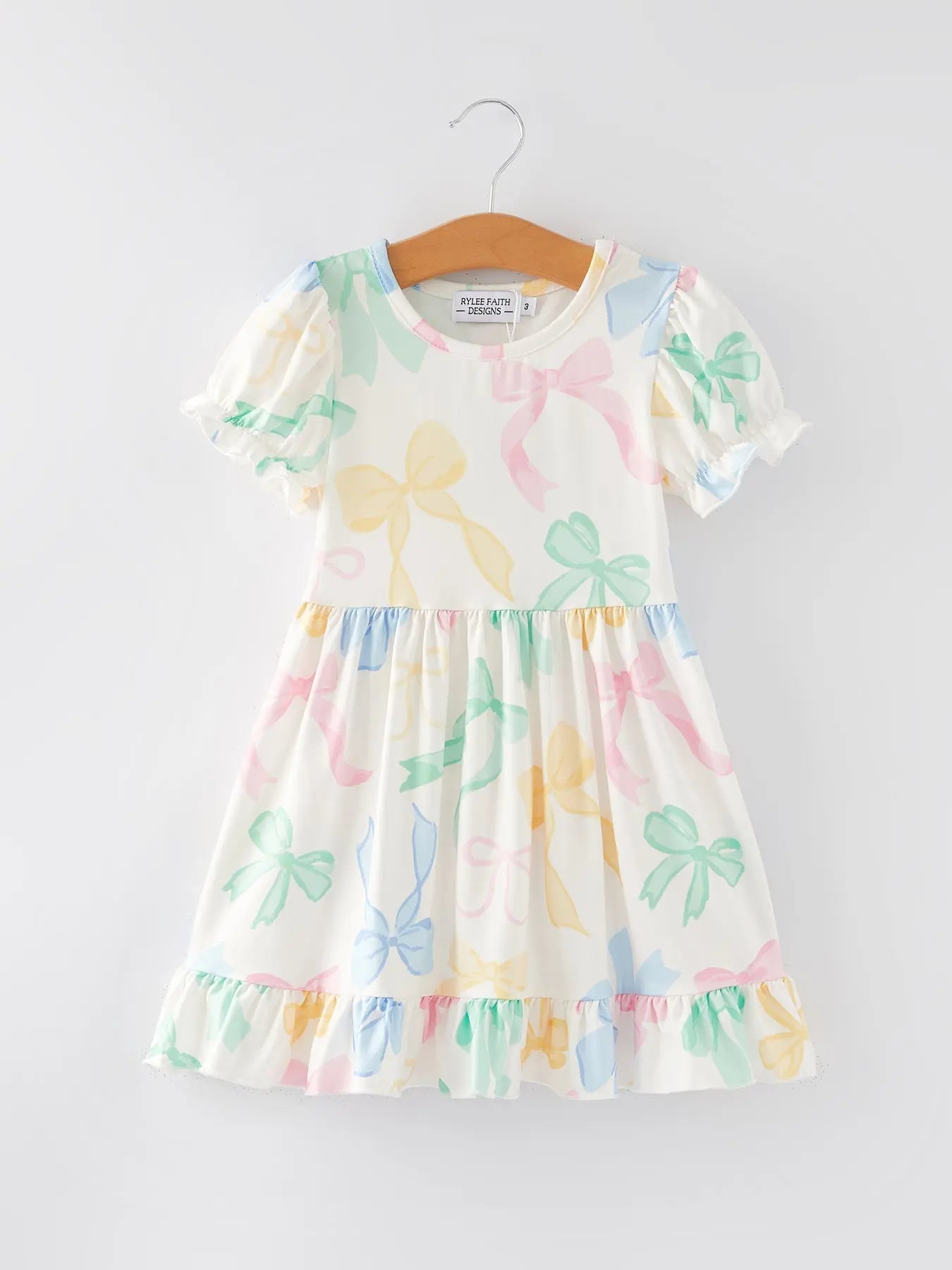 Easter Colorful Bow Print Puff Sleeve Girls Dress Rylee Faith Designs