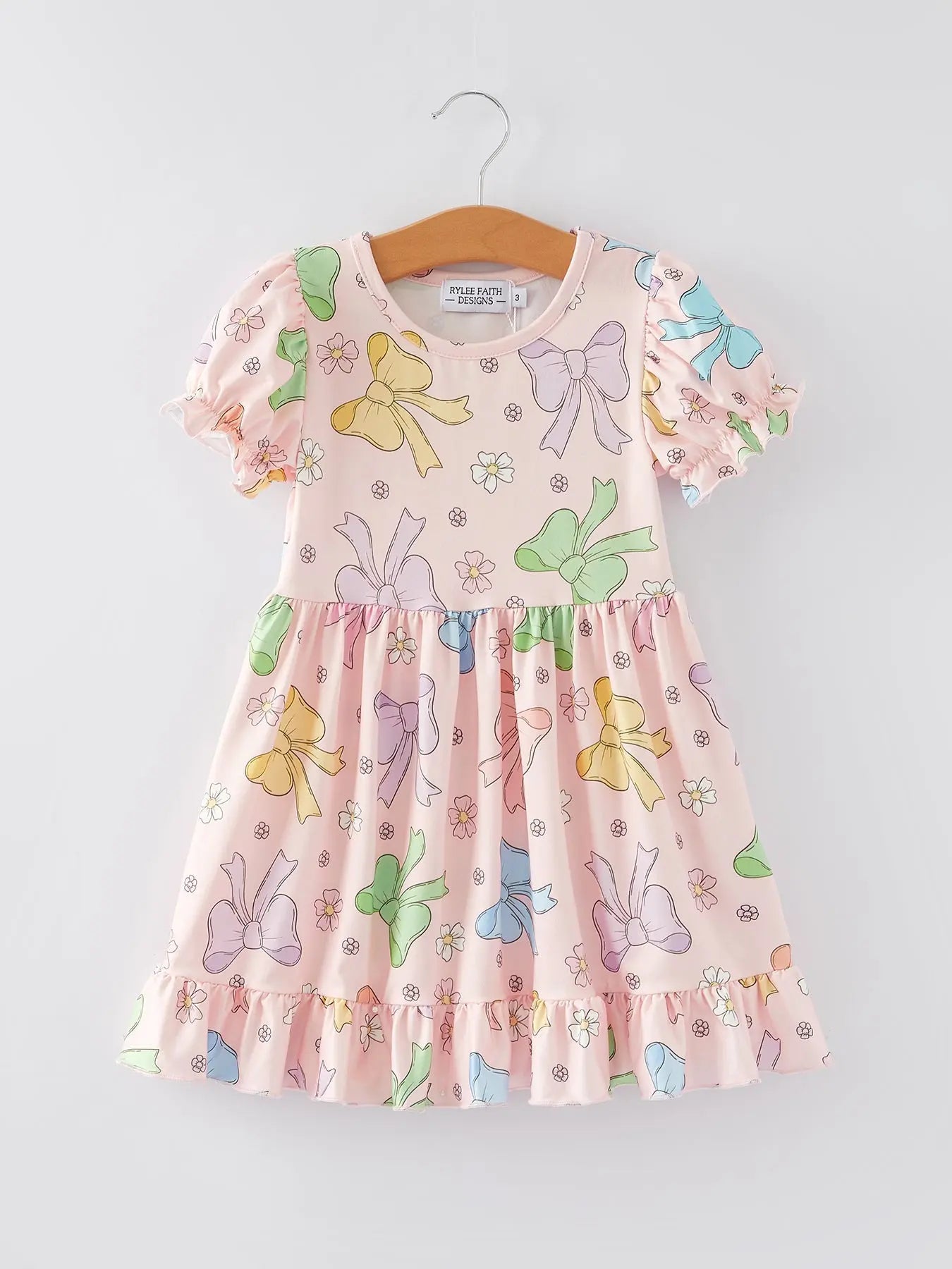 Colorful Bow Print Ruffles Girls Dress for Celebrations Rylee Faith Designs