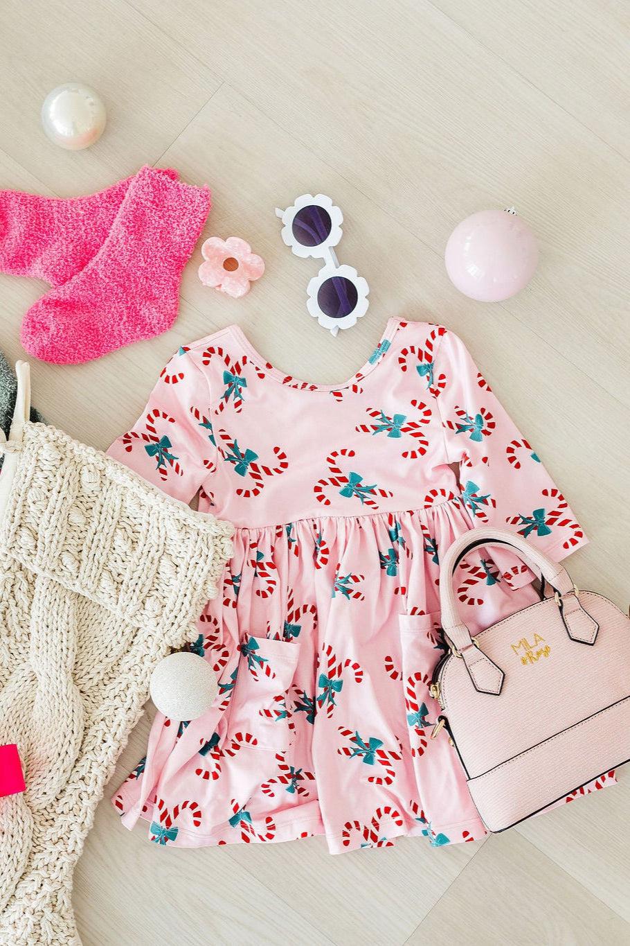 Mila & Rose ® Candy Cane Cutie Twirl Dress Three Quarter Sleeve Pocket - Apparel & Accessories > Clothing > Dresses Twirl Pocket Dress 3/4