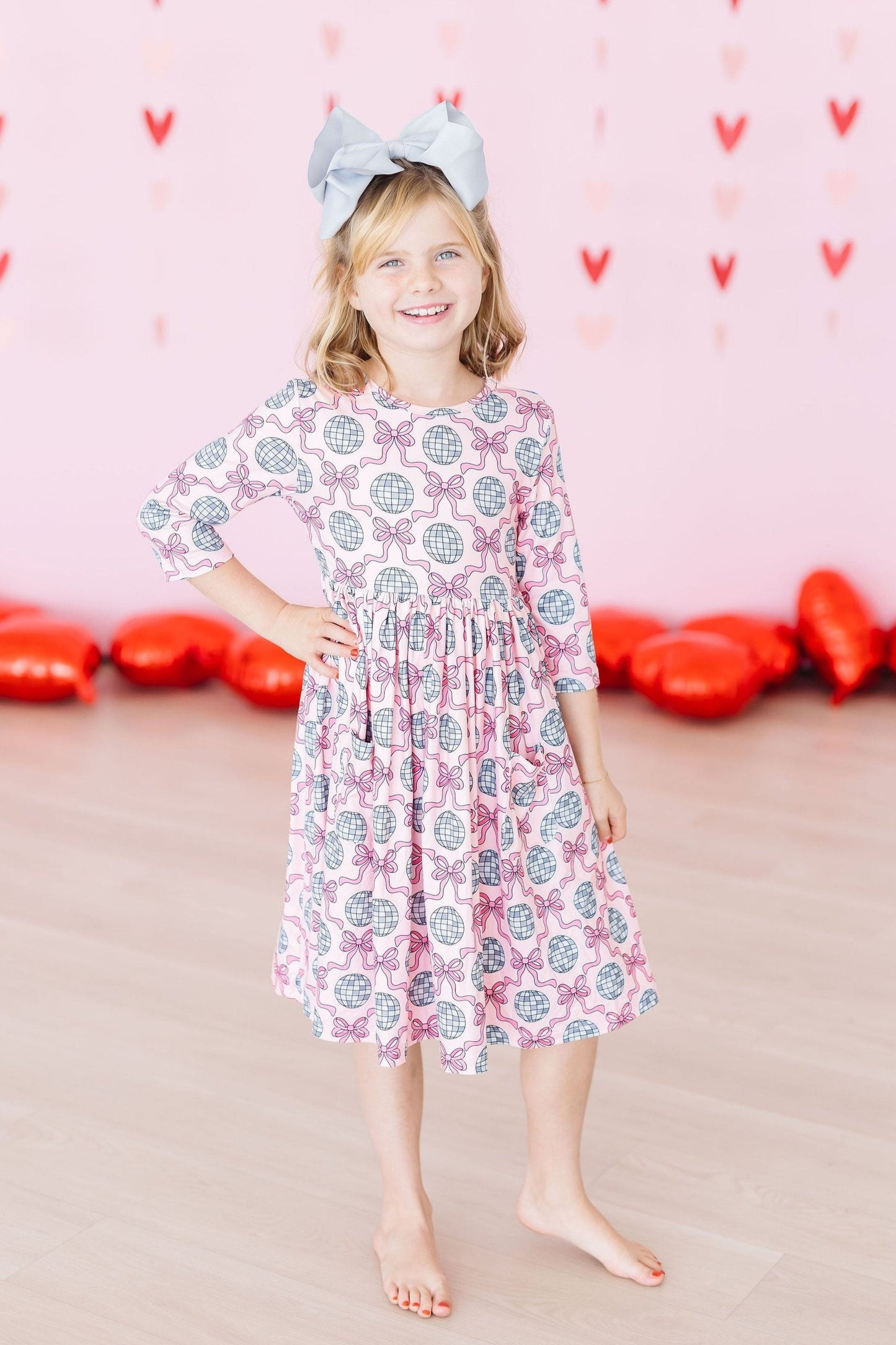 Mila & Rose ® Disco Bows 3 4 Sleeve Pocket Twirl Dress For Girls Kids - Apparel & Accessories > Clothing > Dresses Twirl Pocket Dress 3/4