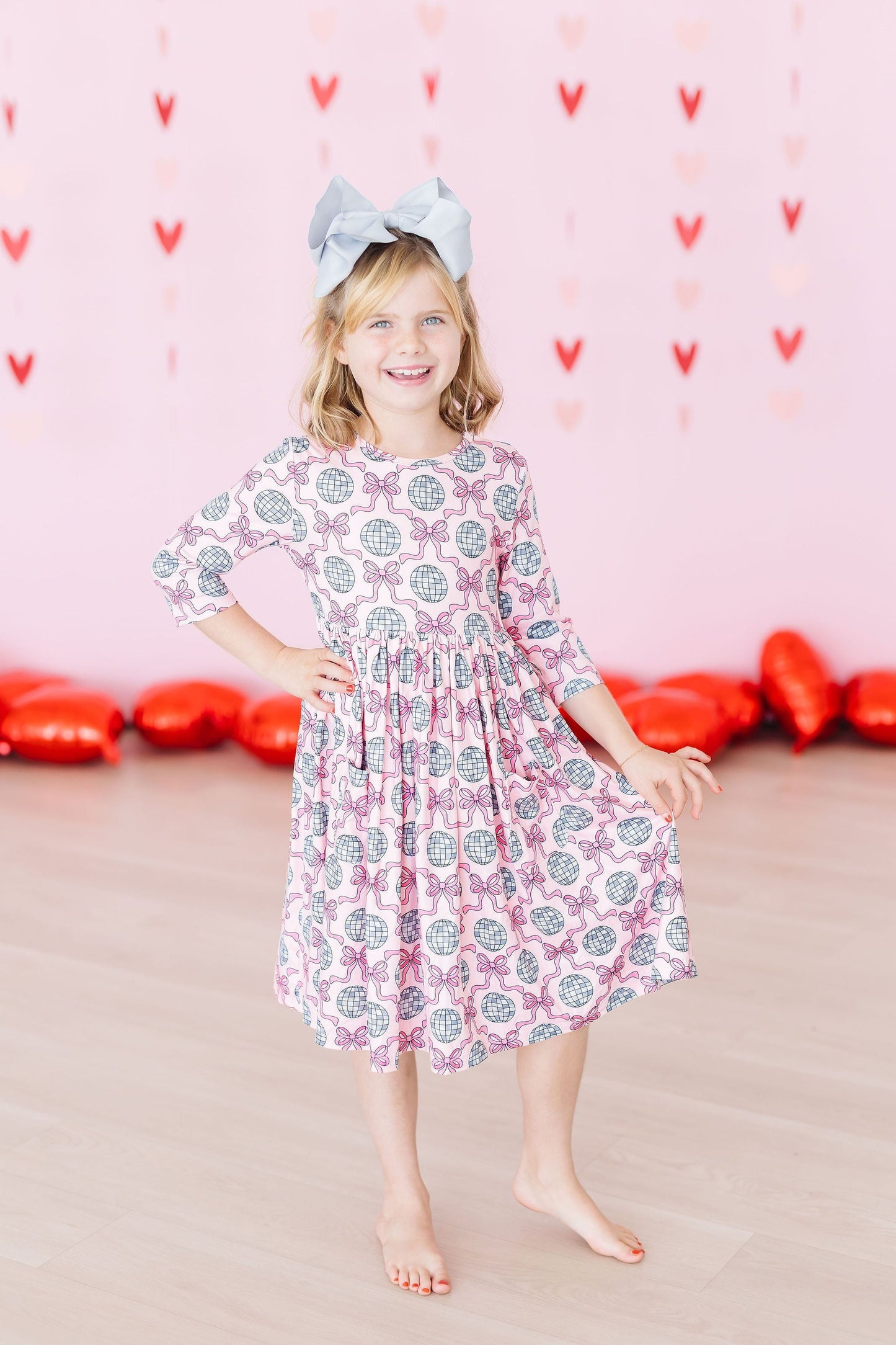 Mila & Rose ® Disco Bows 3 4 Sleeve Pocket Twirl Dress For Girls Kids - Apparel & Accessories > Clothing > Dresses Twirl Pocket Dress 3/4