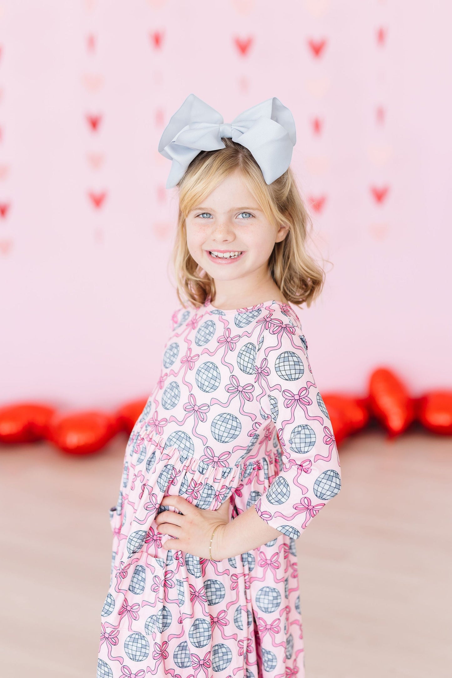 Mila & Rose ® Disco Bows 3 4 Sleeve Pocket Twirl Dress For Girls Kids - Apparel & Accessories > Clothing > Dresses Twirl Pocket Dress 3/4