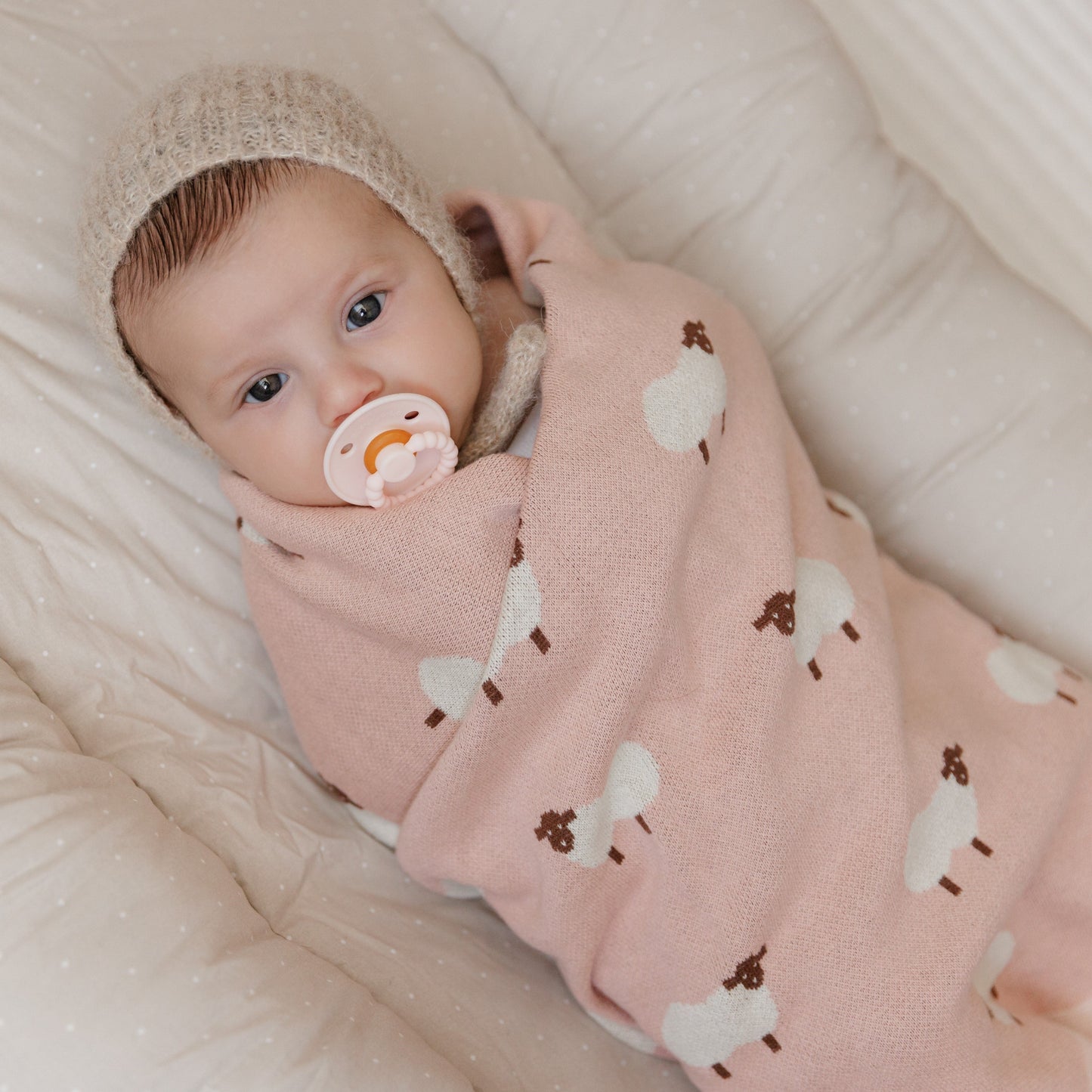 Sheep Knit Receiving Baby Blanket Made From 100 Percent OEKO Tex Certified Cotton Bleu La La