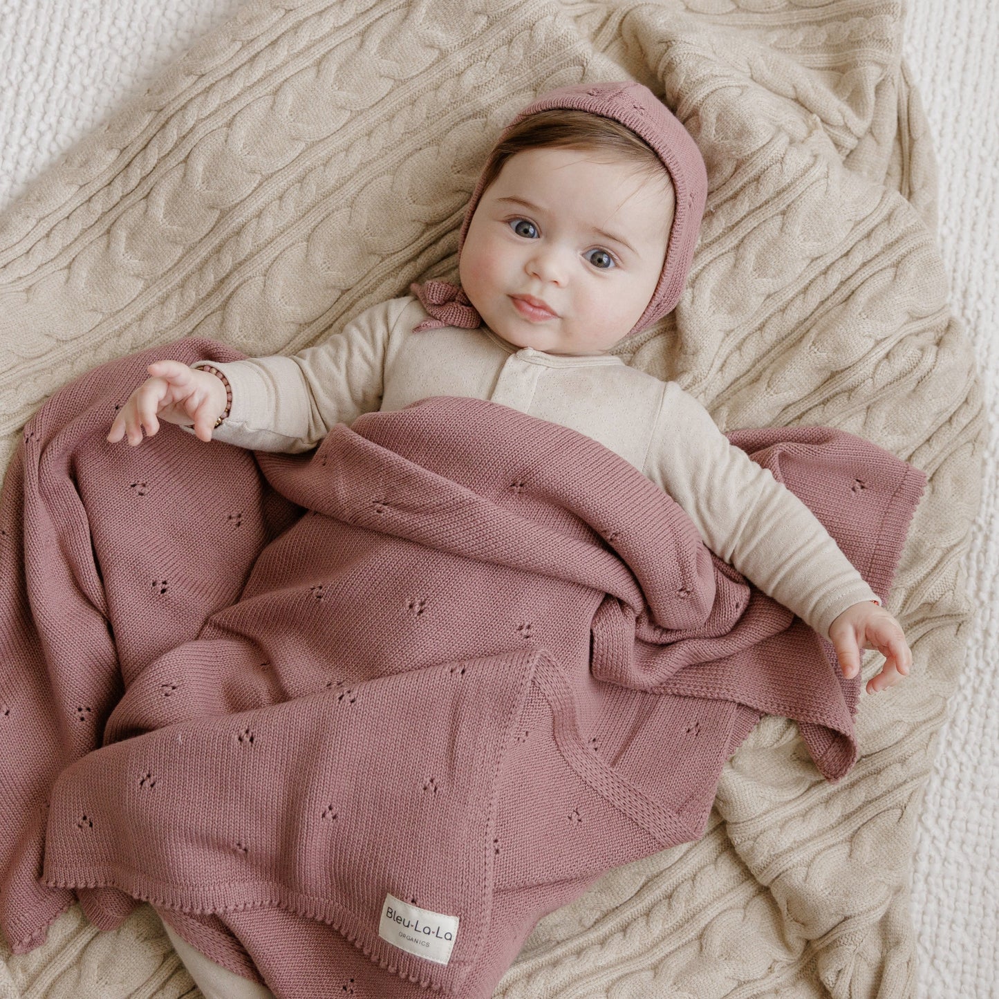 Organic Pointelle Swaddle Blanket and Hat Gift Set Bleu La La