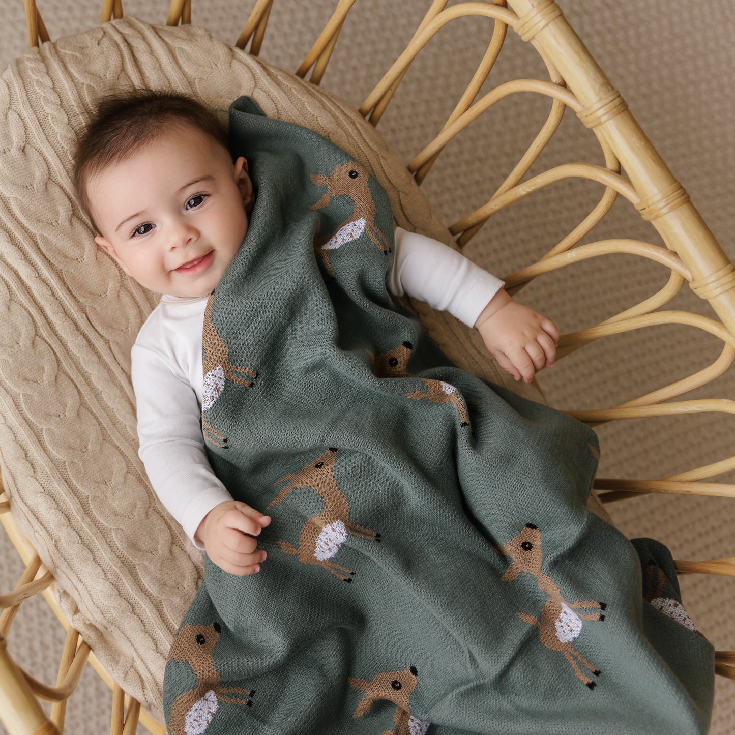 Luxury Cotton Deer Knit Swaddle Baby Blanket for Newborns Bleu La La