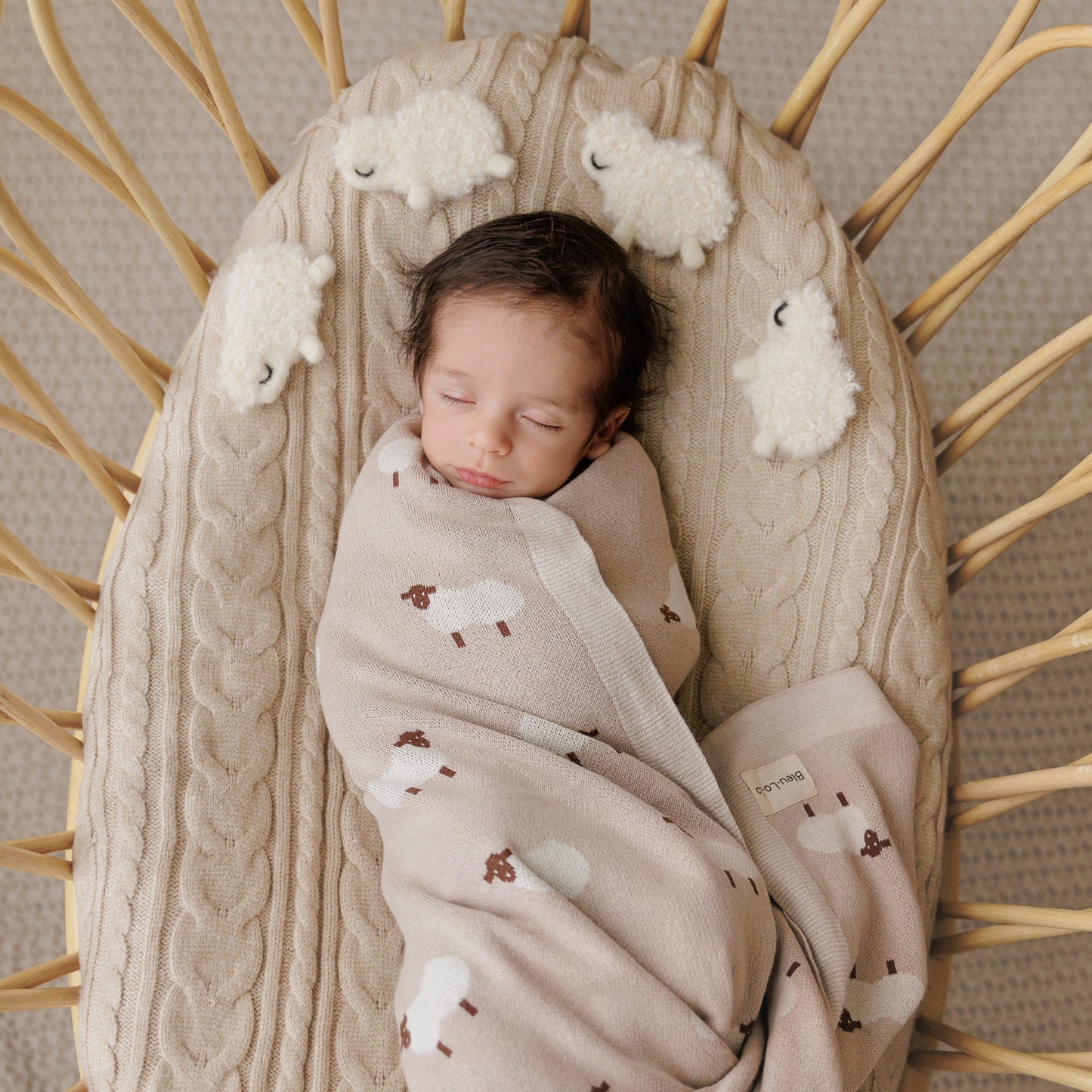 Sheep Knit Receiving Baby Blanket Made From 100 Percent OEKO Tex Certified Cotton Bleu La La
