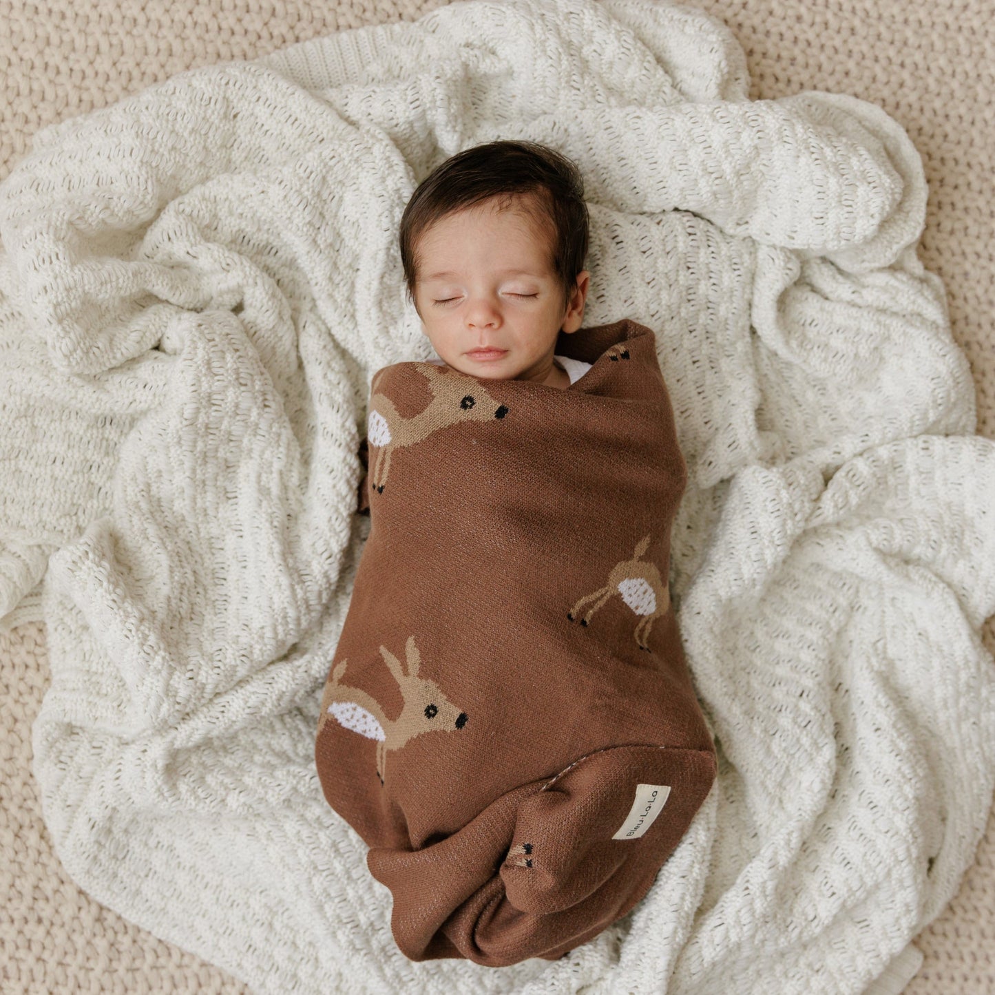 Luxury Cotton Deer Knit Swaddle Baby Blanket for Newborns Bleu La La