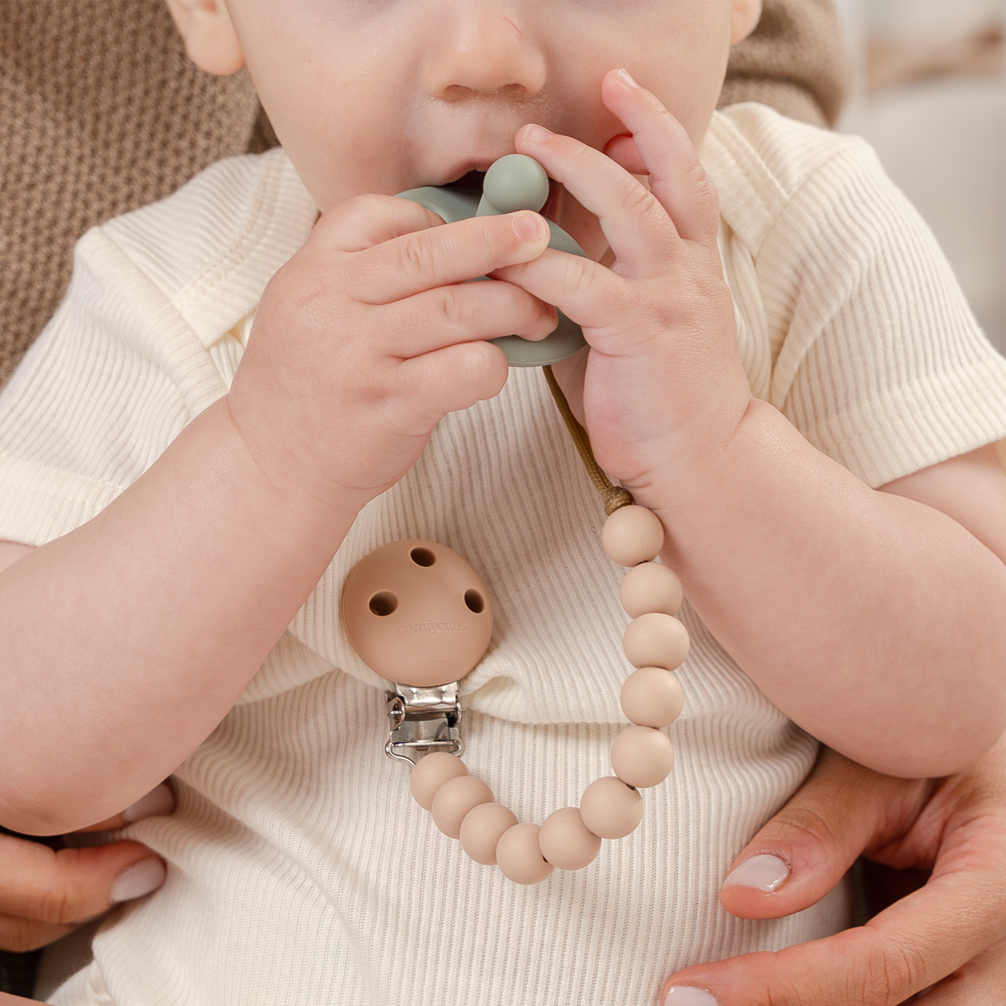 Beige Pacifier Clips 2 Pack For Newborns On The Go Comfy Cubs Everetts Place: Online Boutique