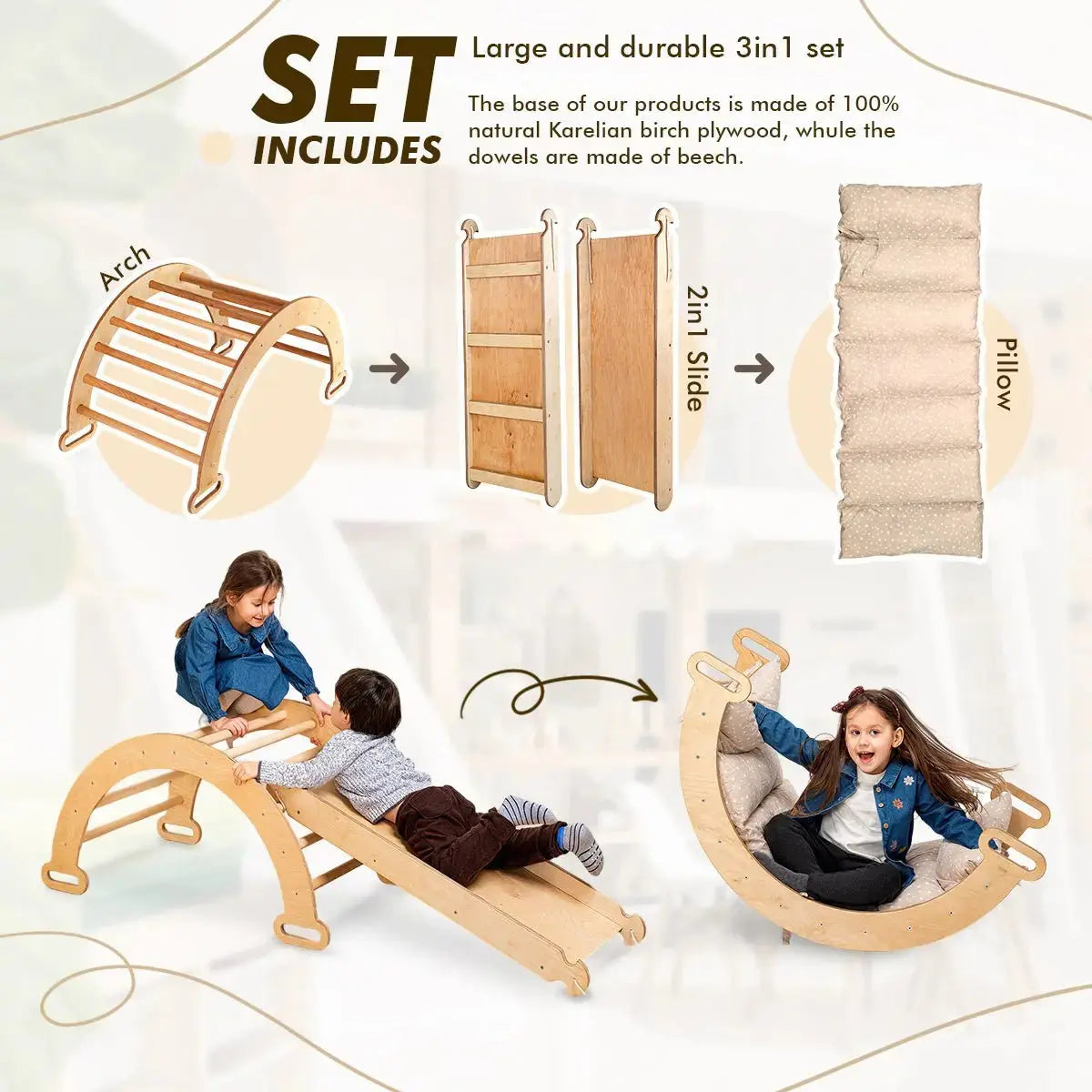 3in1 Montessori Climbing Set Climbing Arch Slide Board Cushion Beige Goodevas Everetts Place: Online Boutique
