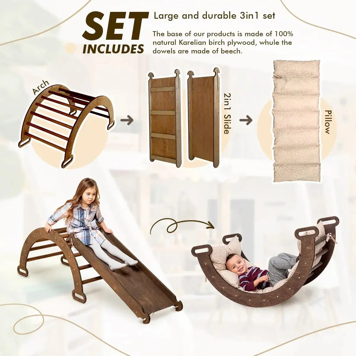 3in1 Montessori Climbing Set Climbing Arch Slide Board Cushion Chocolate Goodevas Everetts Place: Online Boutique