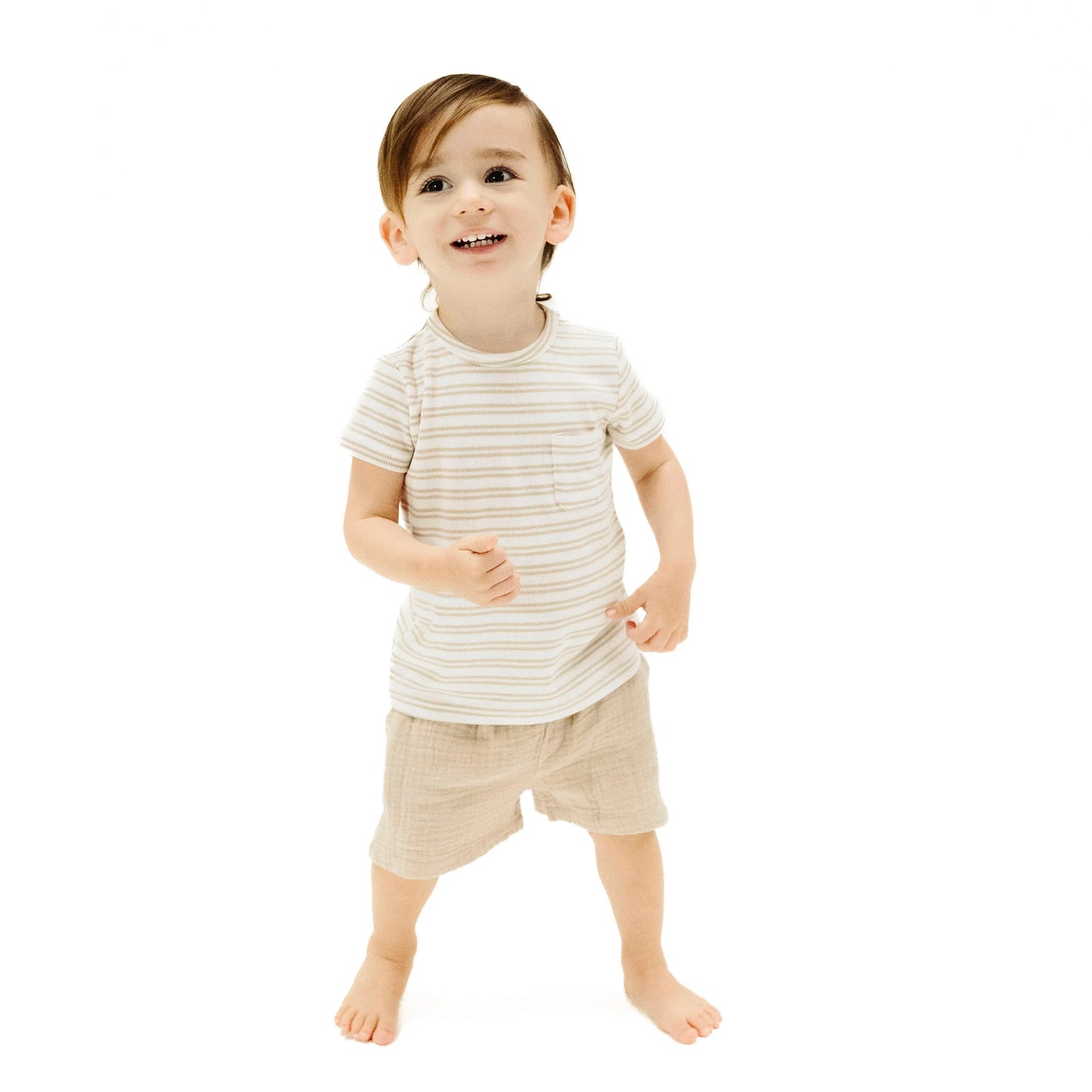 Crew Neck Tee With Pocket And Casual Short Stripe Oxford Tan.