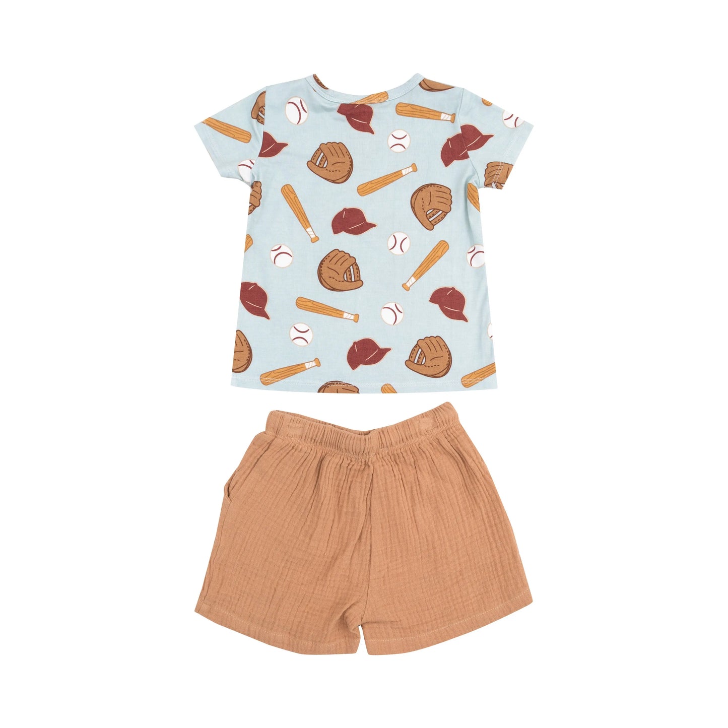 Crew Neck Tee and Short Muslin Set for Kids Baseball Theme.