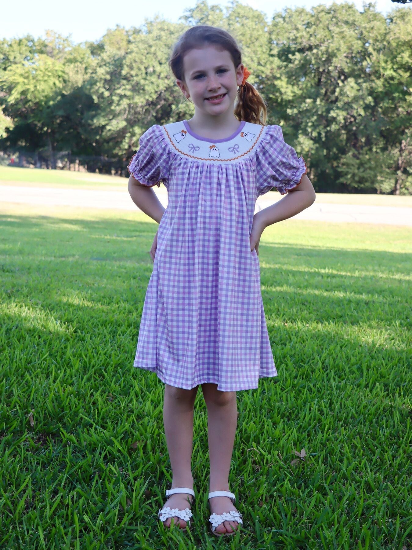 Rylee Faith Designs Halloween Girls Purple Smocked Ghost Embroidery Plaid Dress - Apparel & Accessories > Clothing > Baby & Toddler Clothing > Baby & Toddler Dresses Dress