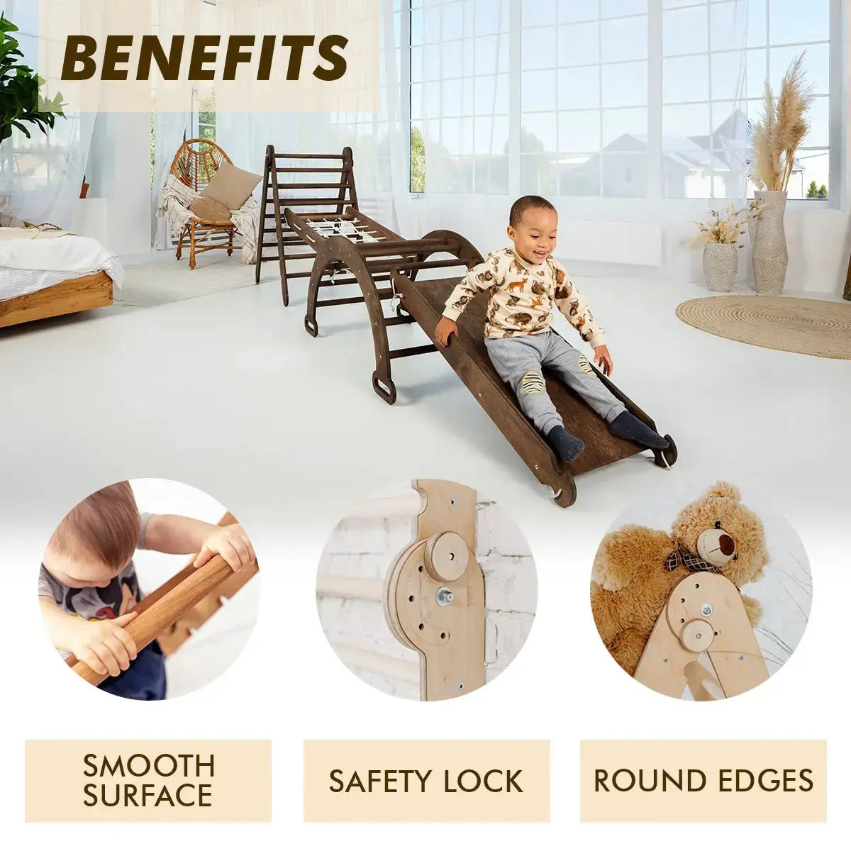 4in1 Montessori Climbing Set Triangle Ladder Arch Rocker Slide Board Ramp Net Chocolate Goodevas Everetts Place: Online Boutique