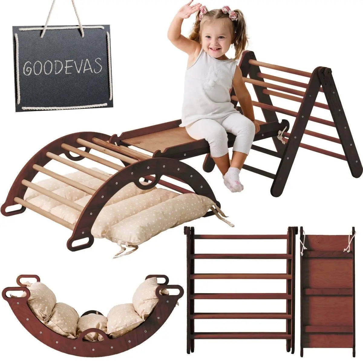 4in1 Montessori Climbing Set Triangle Ladder Climbing Arch Slide Board Cushion for Toddlers Ages 1 to 3 Goodevas Everetts Place: Online Boutique 89.00