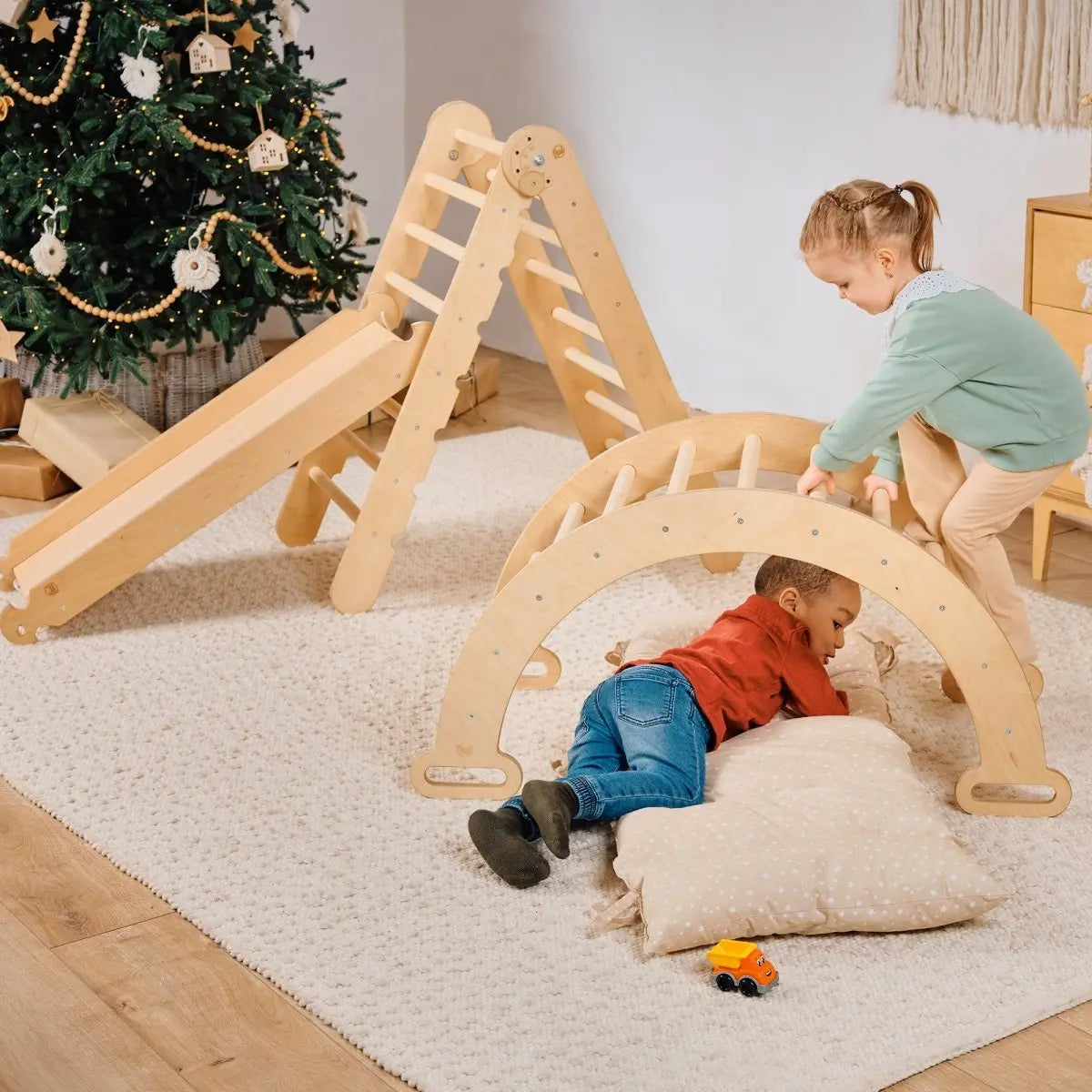 4in1 Montessori Climbing Set Triangle Ladder Climbing Arch Slide Board and Cushion Beige Goodevas Everetts Place: Online Boutique