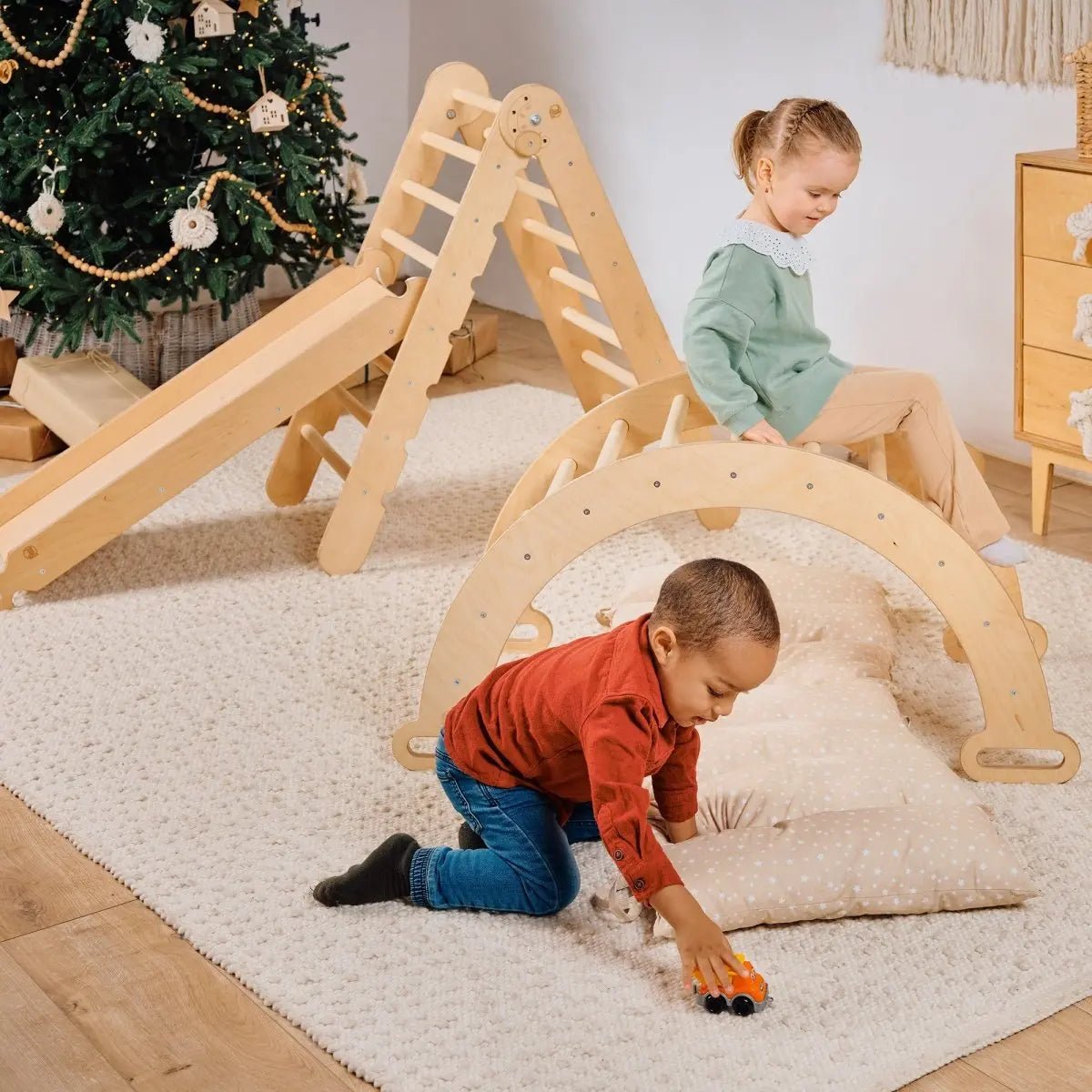 Goodevas 4in1 Montessori Climbing Set Triangle Ladder Climbing Arch Slide Board and Cushion Beige - Everetts Place Boutique -