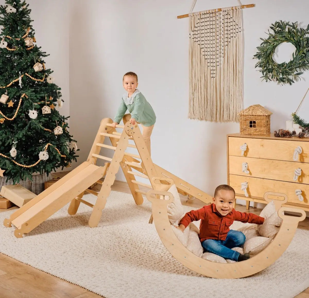 5 In 1 Montessori Climbing Set Triangle Ladder Arch Rocker Slide Board Ramp Netting Rope Cushion Goodevas Everetts Place: Online Boutique 249.00