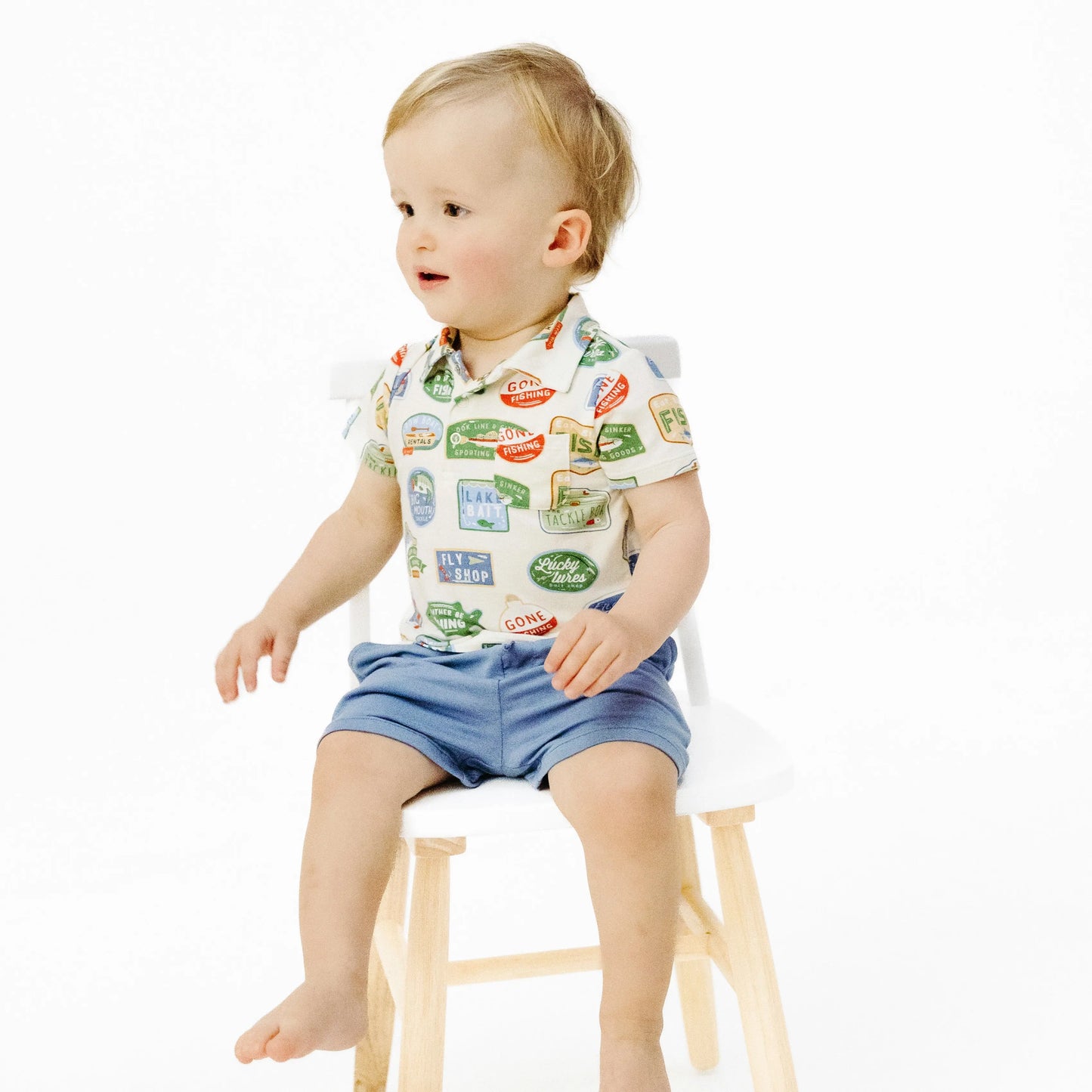 Polo Shirt and Short Set for Kids with Bait Shop Signage.
