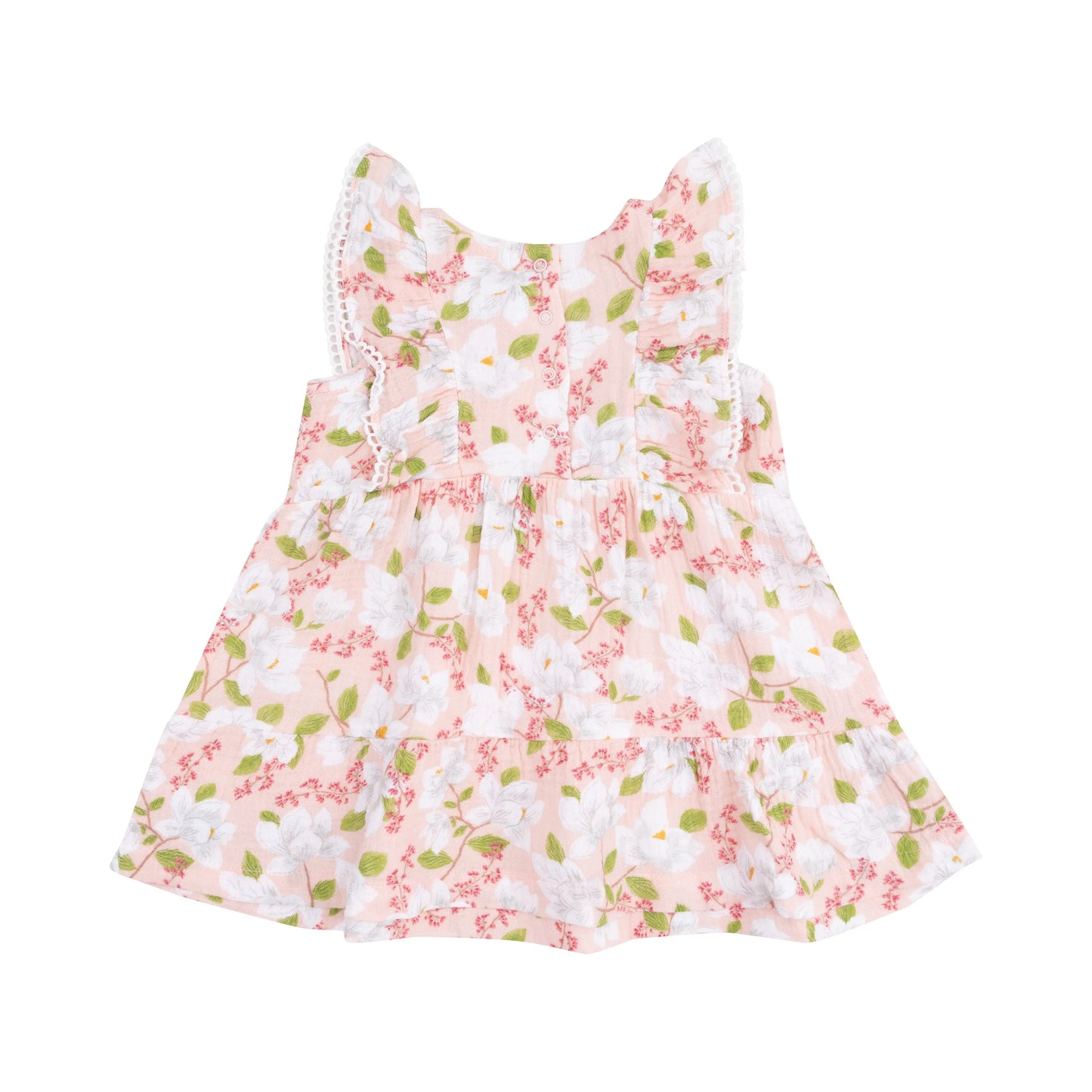 Picot Trim Edged Dress and Diaper Cover Magnolias Organic Muslin Baby Outfit.