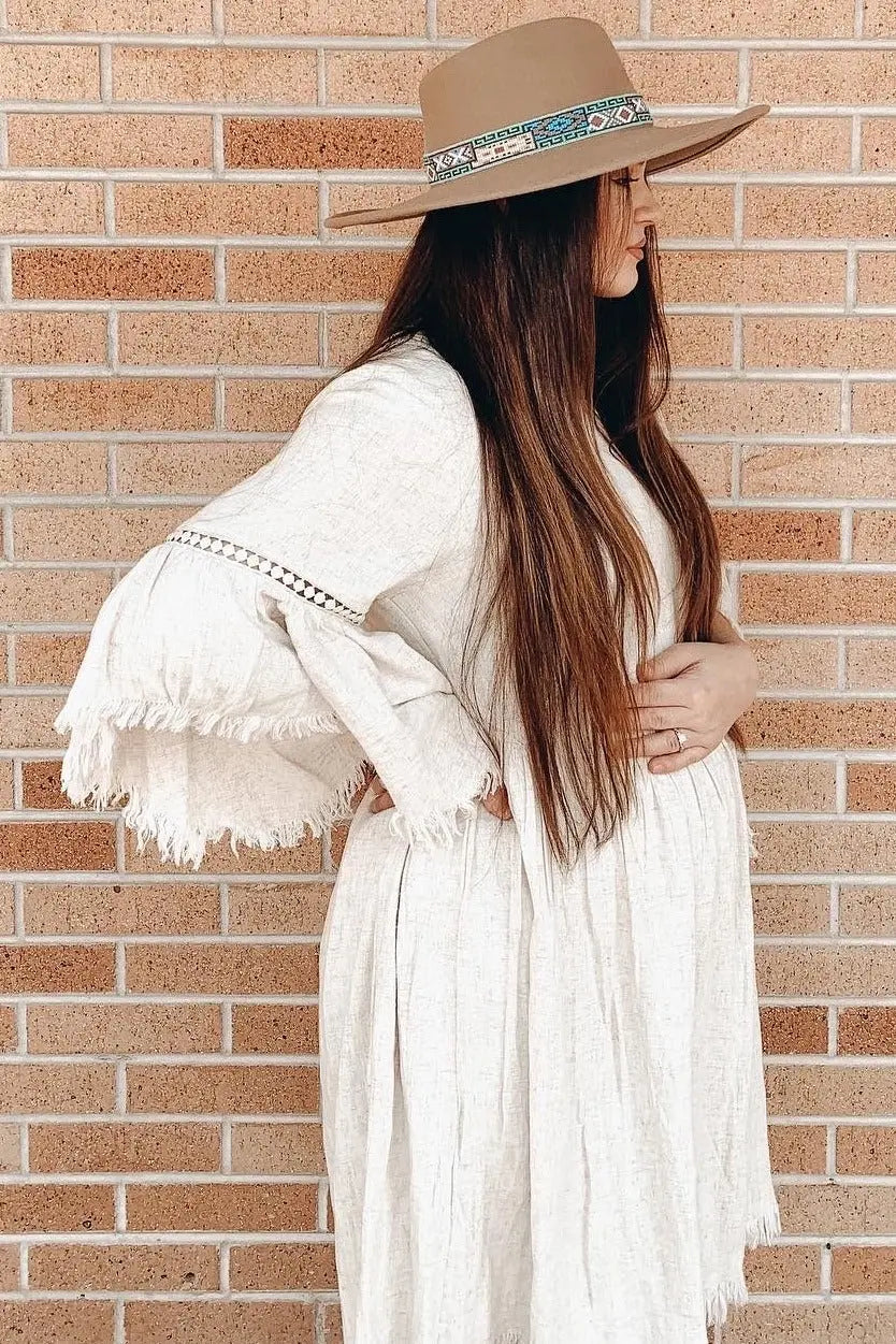 Beige Raw Edge Bell Sleeve Babydoll Maternity Dress with Crochet Trim and Back Keyhole Cutout PinkBlush