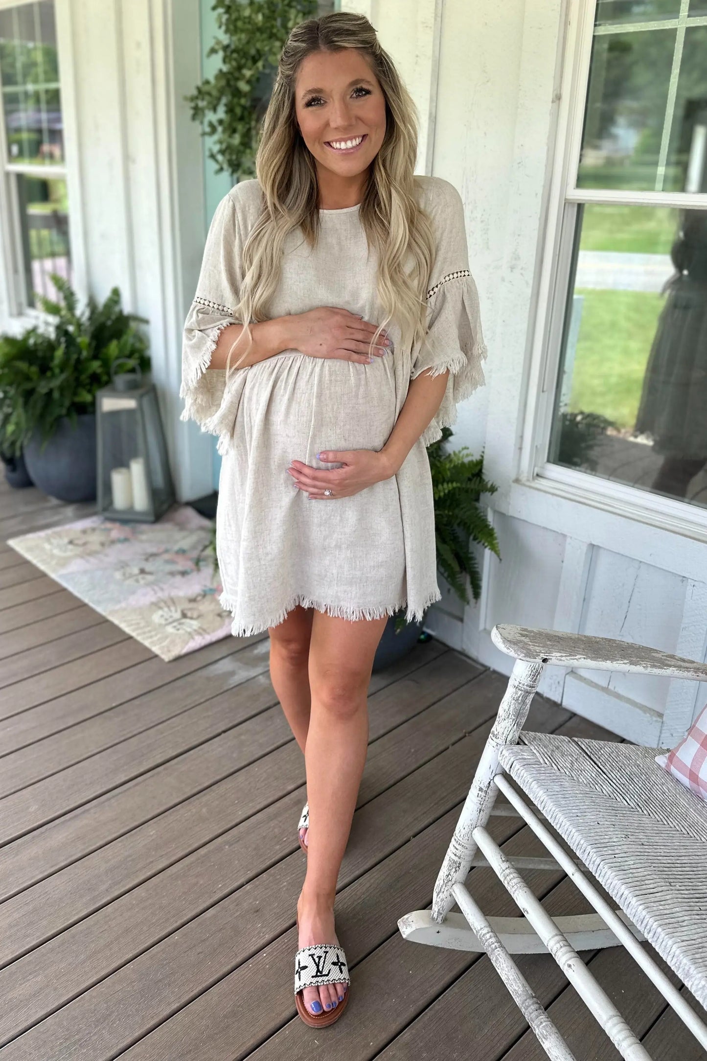 Beige Raw Edge Bell Sleeve Babydoll Maternity Dress with Crochet Trim and Back Keyhole Cutout PinkBlush