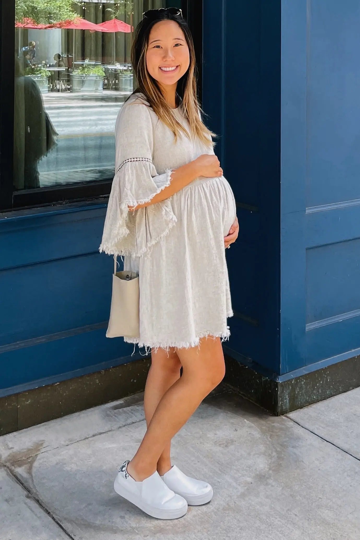 Beige Raw Edge Bell Sleeve Babydoll Maternity Dress with Crochet Trim and Back Keyhole Cutout PinkBlush
