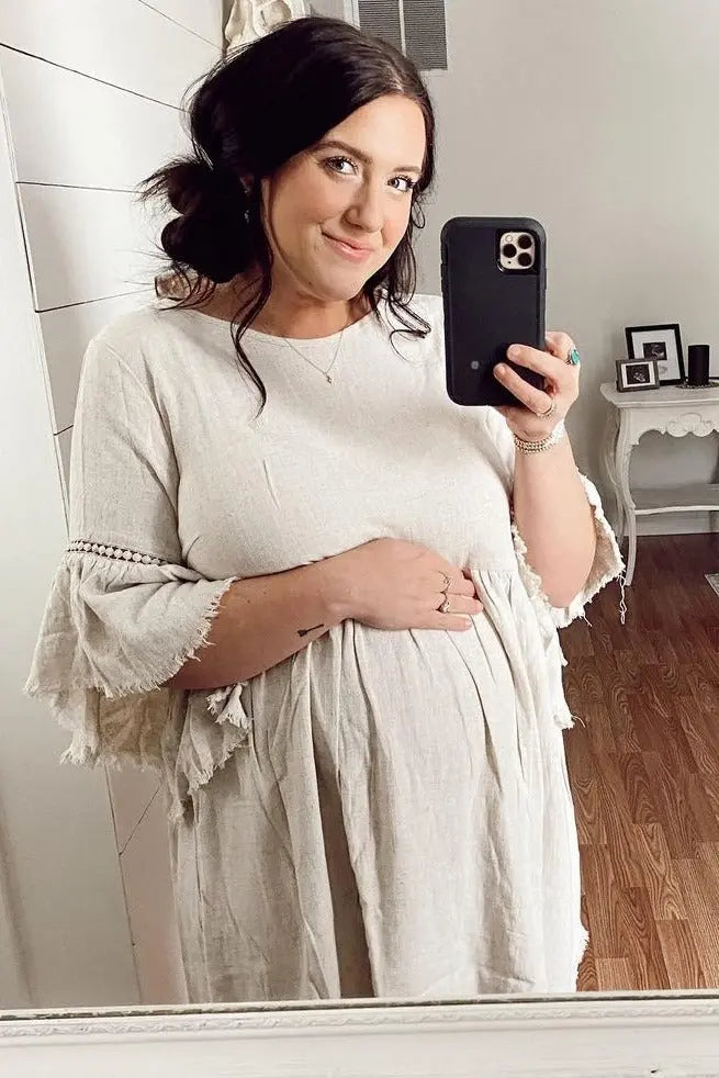 Beige Raw Edge Bell Sleeve Babydoll Maternity Dress with Crochet Trim and Back Keyhole Cutout PinkBlush
