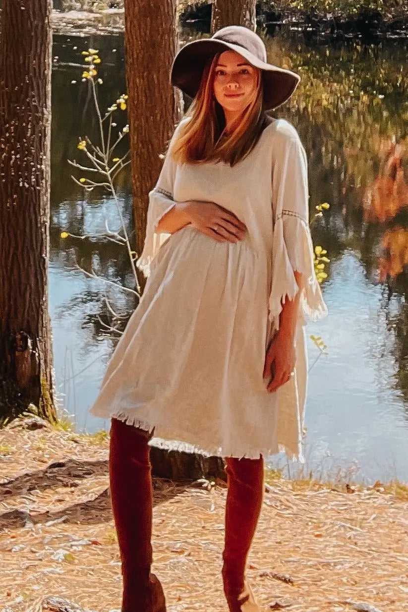 Beige Raw Edge Bell Sleeve Babydoll Maternity Dress with Crochet Trim and Back Keyhole Cutout PinkBlush