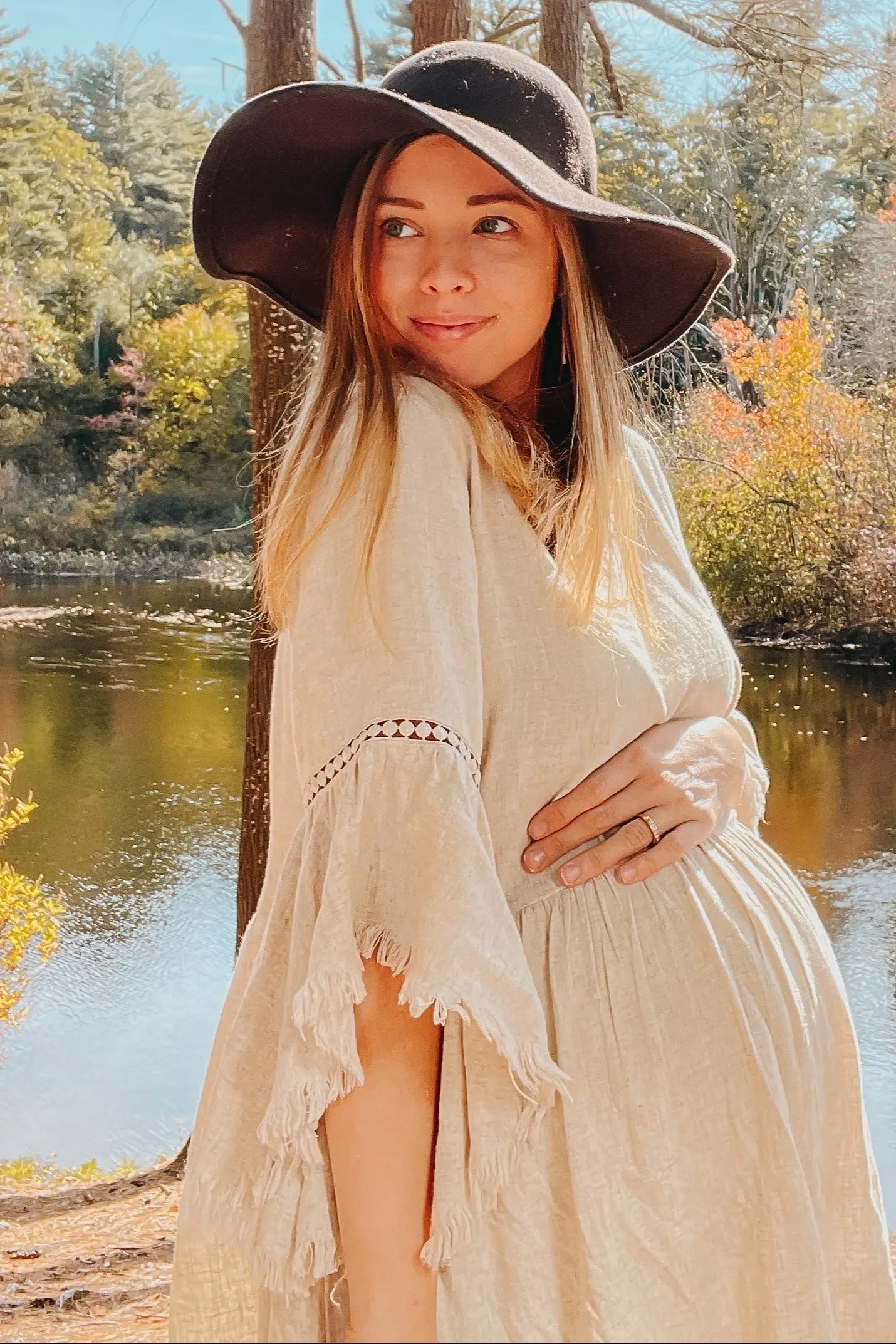 Beige Raw Edge Bell Sleeve Babydoll Maternity Dress with Crochet Trim and Back Keyhole Cutout PinkBlush