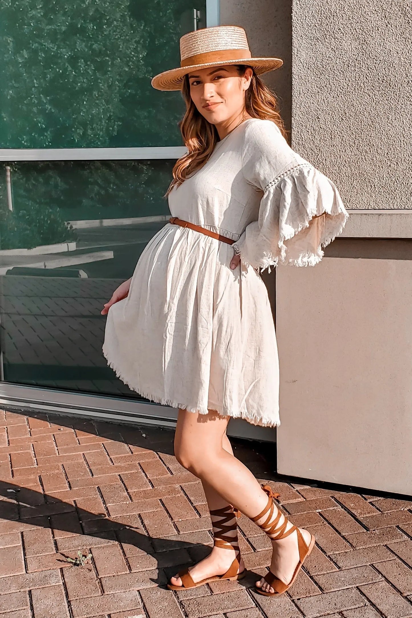 Beige Raw Edge Bell Sleeve Babydoll Maternity Dress with Crochet Trim and Back Keyhole Cutout PinkBlush